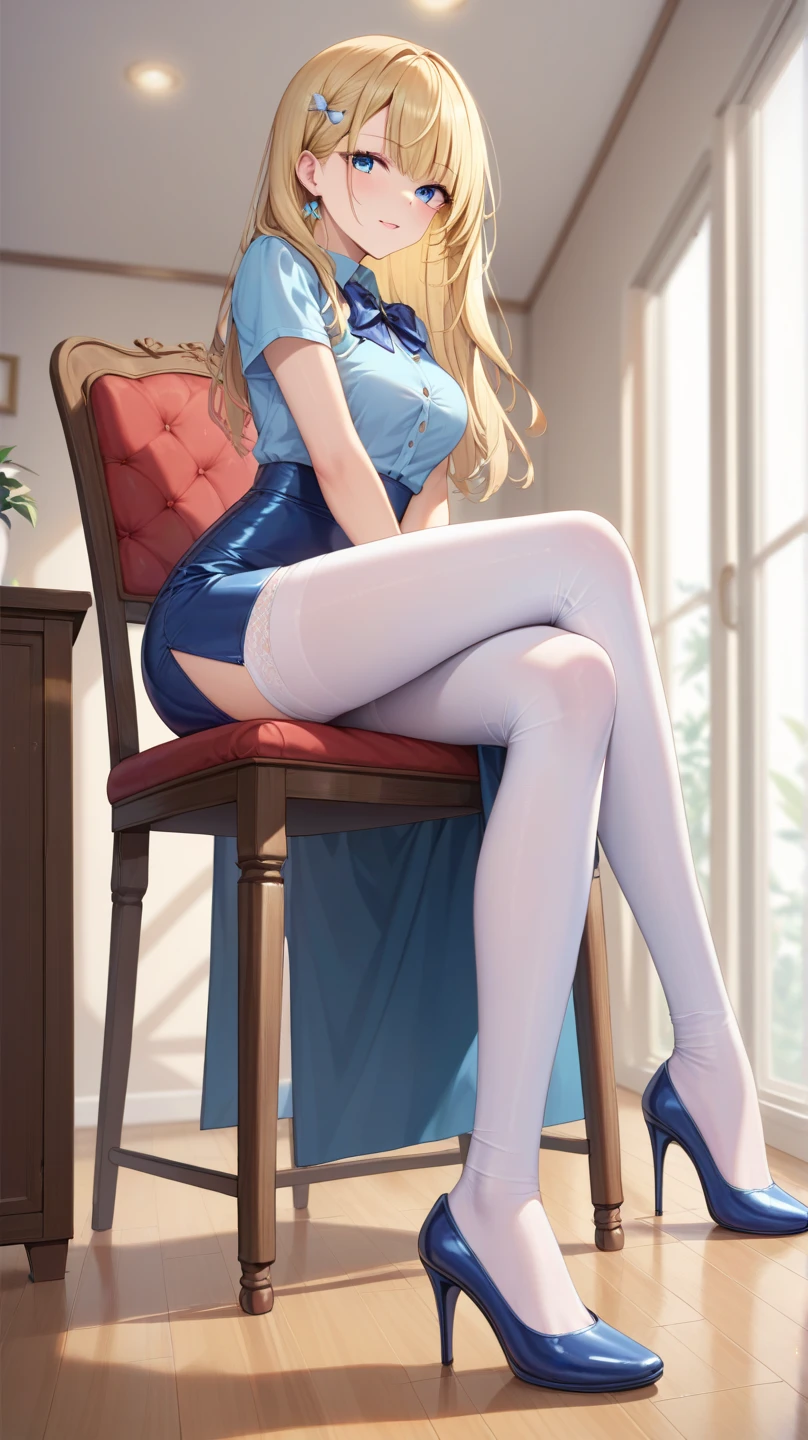 Girl, smile, red lips, big nose, big , big breats, fair skin, smile, long hair, yellow hair colors, sexy body, sexy girl, sexy pose, beautiful girl, big ass, maid costume, white underpants colors, pantyhose, white pantyhose colors, hig heels, black hig heels coolors, realistic girl pose, in room, sexy girl pose sit on the chair, gaze looking at the camera, 