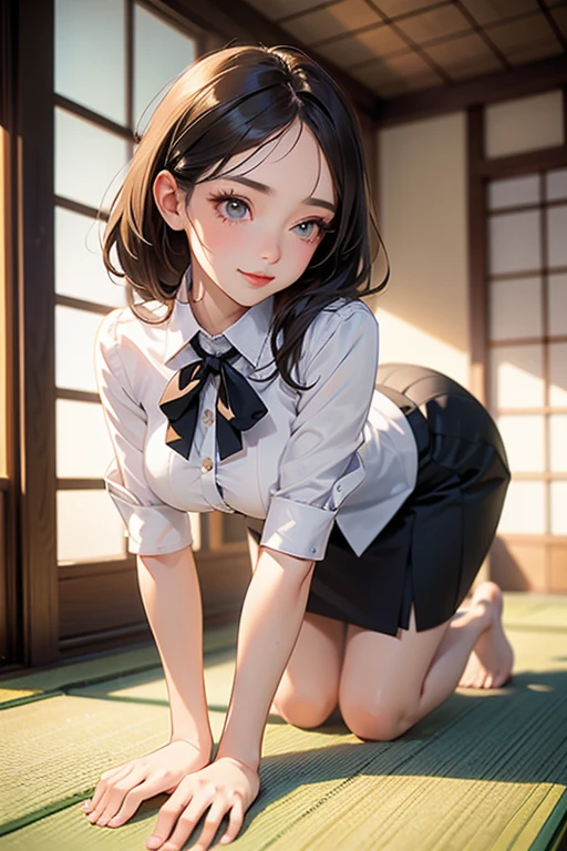 very cute and beautiful girl,(highly detailed beautiful face),
(smile),blush,(white blouse,ribbon),black hair,twin braid,sitting,spread legs,
pleated plaid mini skirt,(white panties),antique hotel bedroom,gorgeous furnitures,
(best quality,masterpiece:1.2),absurdres,highres,ultra-detailed,extremely detailed,32k,8k resolution,
intricate details,cinematic scene,detailed background,solo,dynamic angle,