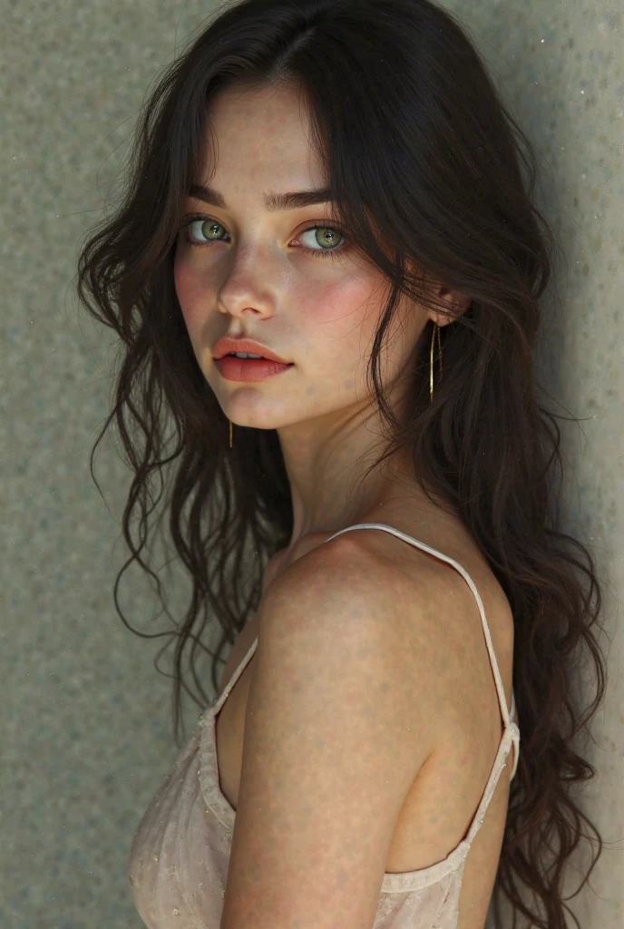 Full face portrait photo of 25 year old European girl, RAW, beautiful woman, semi-open strawberry lip, dimples, wistful expression, (brown hair with extra long wavy), ((detailed face)), ((detailed facial features)), (fine detailed skin), pale skin, a desolate sandy wasteland environment, (cool color), moist, damp, reflection, (masterpieceShot with Canon EOS R5 (detail) (Realistic photos) (Detailed details) 50mm lens, f/2.8, HDR, (8k) (wallpaper) (cinematic lighting) (dramatic lighting) (sharp focus) (complex), RAW photography, RAW photography, gigachad photography, camera pose, black jeans, back arm, 8k uhd, dslr, high quality, Grain Film, Fujifilm XT3, Film Stock Photo 4 Kodak Portra 400 Camera F1.6 Lens Rich colors Ultra-realistic textures Dramatic lighting Unreal Engine Art Station Trends Cinestill 800 Tungsten, Toughboy Style, Ultra Focus Face, Intimidating, Fighting Position, Short Messy Hair, Muscles, Bursting Veins, Beads, ((Lingerie set with dark green embroidery)), ((dark green camisole thin)),
