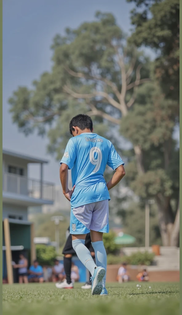 A little boy is watching a football match on TV. His t-shirt is green. The name Omar is written on the t-shirt and the number of the t-shirt is 2.