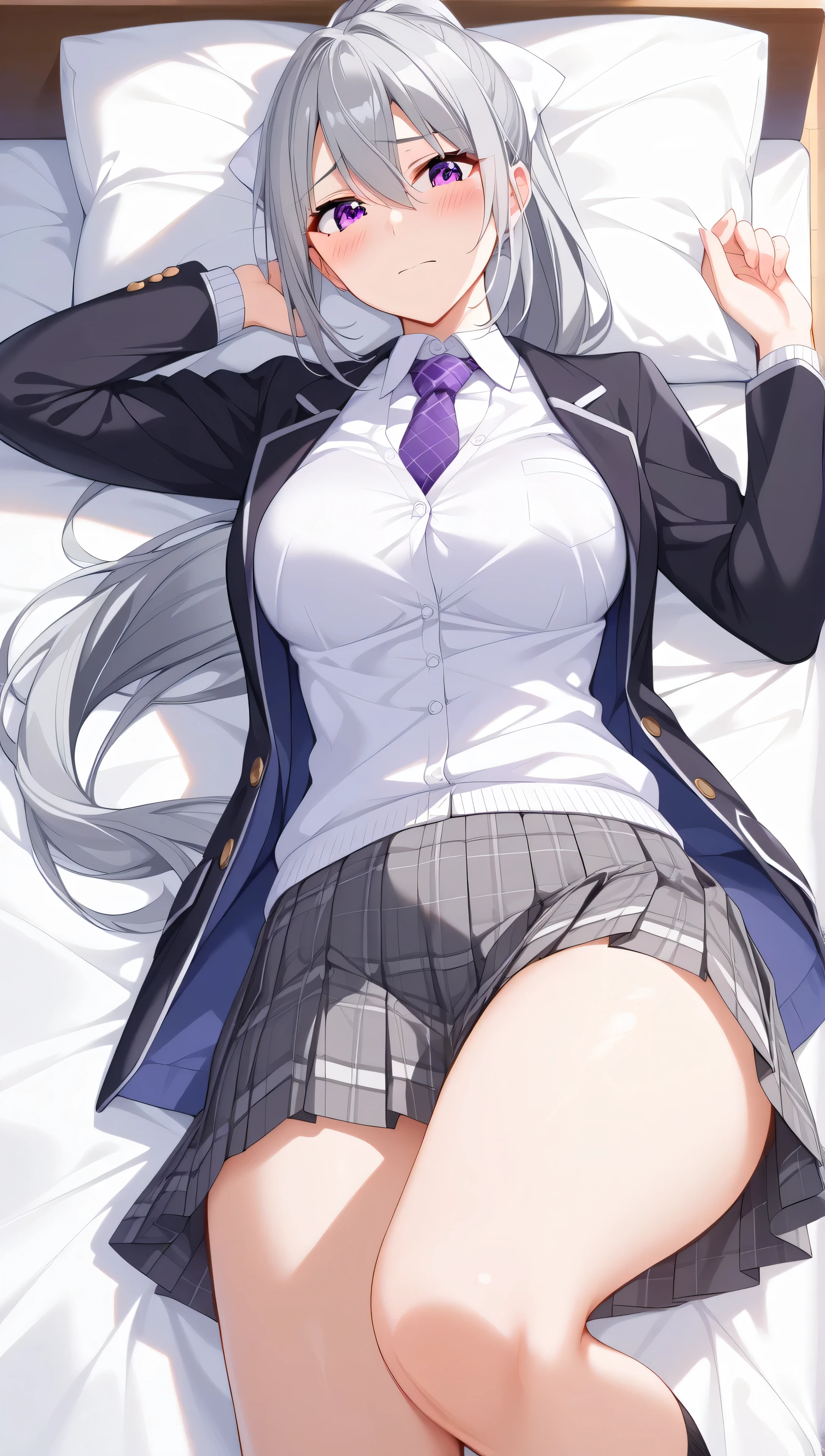 1woman,best quality,ultra-detailed,high resolution,extremely detailed CG,unity 8k wallpaper,score_9, score_8_up, score_7_up, source_anime,hk1, purple eyes, grey hair, hair between eyes, long hair,ponytail, bow, white bow,shirt, cardigan, jacket, black jacket, blazer, skirt, grey skirt, plaid skirt, nsfw,mature female,professional quality、bed room、medium breasts、pleated skirt、tsurime,Official Art,necktie, purple necktie,,lie on own back,embarrassed,thick thighs,wide hips,