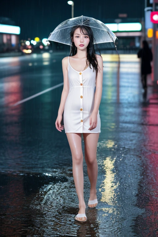 ((Highest quality, 8k, masterpiece:1.3)), concentrated:1.2, Perfect Body Beauty:1.4, Hips:1.2, ((Layered Haircut, chest:1.2)), (Wet clothes:1.1) , (rain, street:1.3), Bandeau dress: 1.1, Highly detailed face and skin texture, Beautiful Eyes, double eyelid, White skin, Long Hair, (shut up: 1.3)