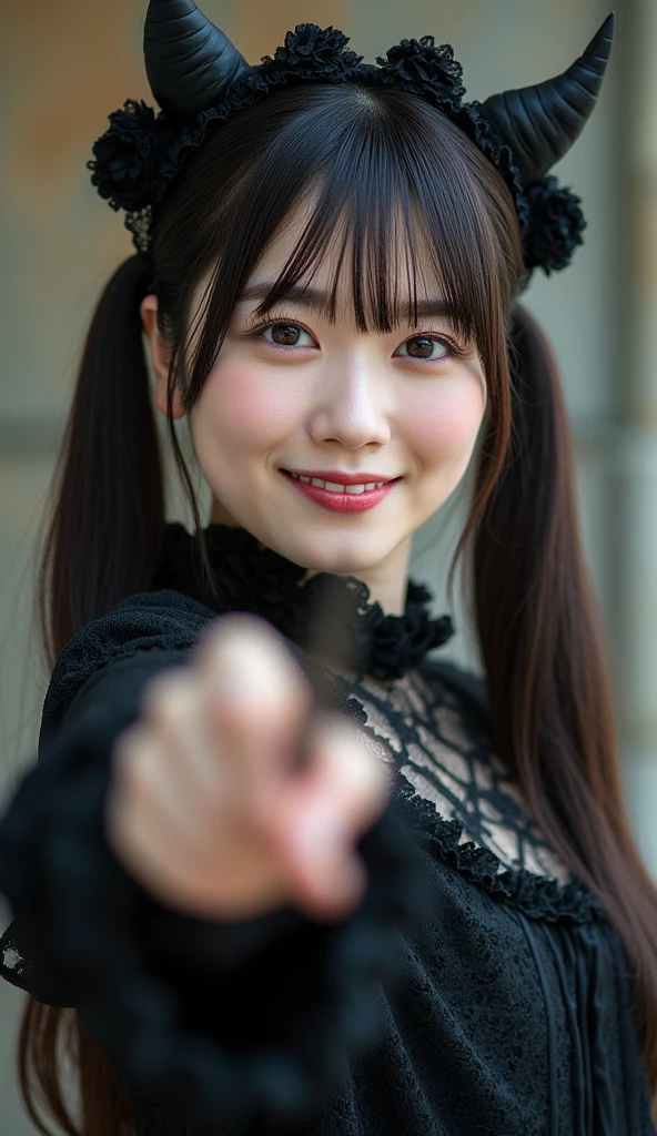 highest quality, masterpiece, Ultra-high resolution, (Realistic:1.6), (Close-up portrait) RAW Photos, 1 girl,22 years old,((I'm showing my teeth and smiling)),((Jet black dress)),((Big smile)),((look up)),((Random cute poses)),,((Passionate pink haired girl )),((Short bangs)),