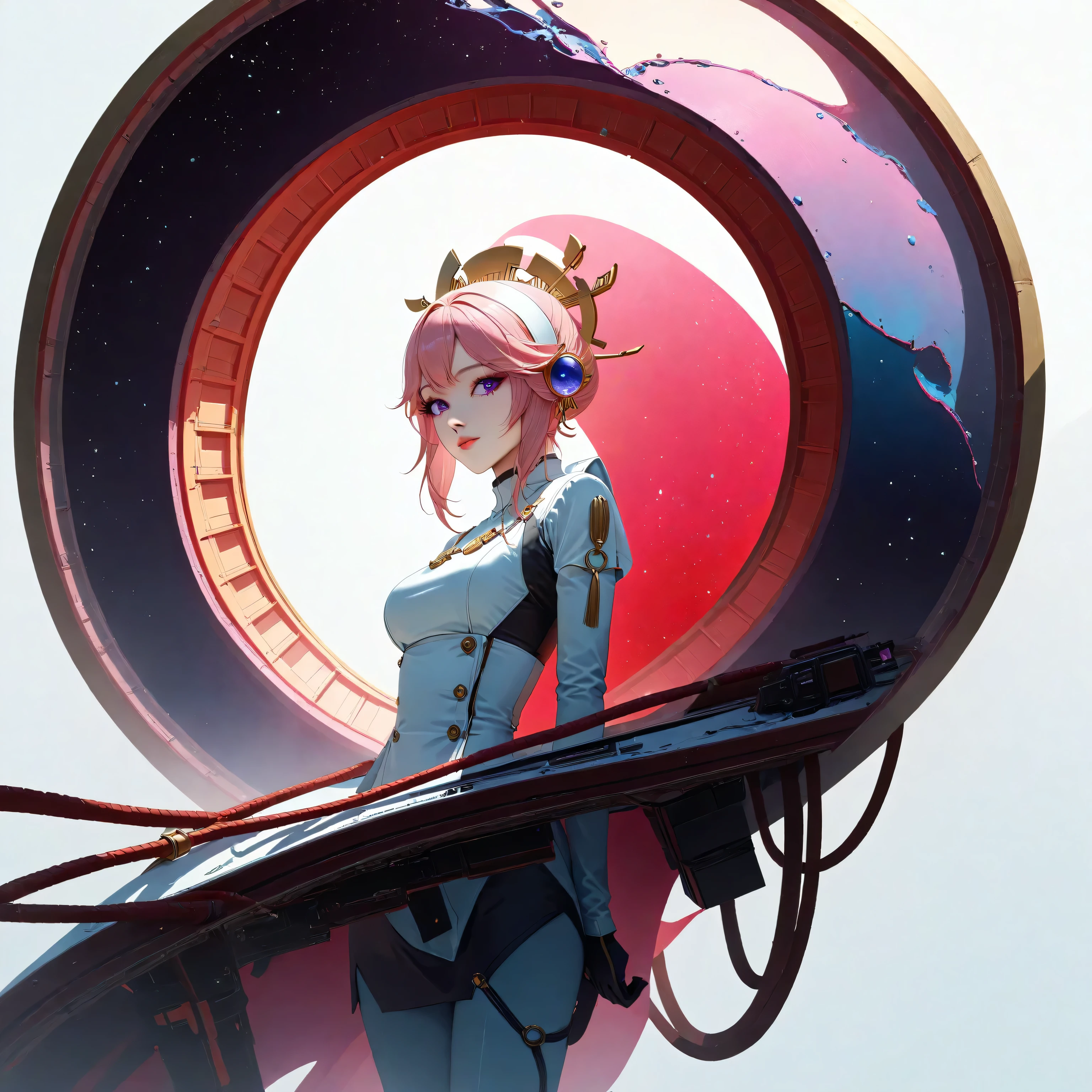a futuristic landscape in the illustrative style of french illustrator Moebius, (blues, yellows), brutalist architecture, brutalism, retrofuturistic, french retro, retrofuturistic car, (White background:1.4),(Isabella Rosalini), head silhouette, Eyes closed, Long colored hair, Oriental elements),(Chinese illustration:1.3,Paper Art:1.3, キルティングPaper Art:1.2),( Streamlined Design, Clear lines, High sharpness,Better Quality, Very detailed, Master Parts, Film Light Effect, 4K ) Illustration design, porcelain doll skin, beautiful detailed eyes, beautiful detailed lips, extremely detailed gold eyes and face, long eyelashes, upper body, from side, looking at viewer, (fractal art:1.3), (pink hair:1.2), water, liquid, cloud, colorful, starry, stars, (best quality, 4k, 8k, highres, masterpiece:1.2), ultra-detailed, (realistic, photorealistic, photo-realistic:1.37), vibrant colors, studio lighting, extremely detailed description, professional, concept art, surreal, 1920s french vibe, monochromatic gold and pink palette, in the style of french illustrator moebius, gold elements, Yae Miko from genshin impact, pink hair, purple eyes, head ornament, big breasts, slender legs,
