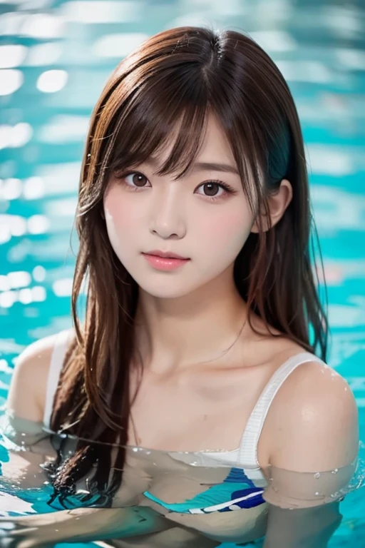 masterpiece, Highest quality, One girl, Swimsuit, Coming out of the water, Wet Hair, Provocative look, Water Drop, Poolside, Attention to detail