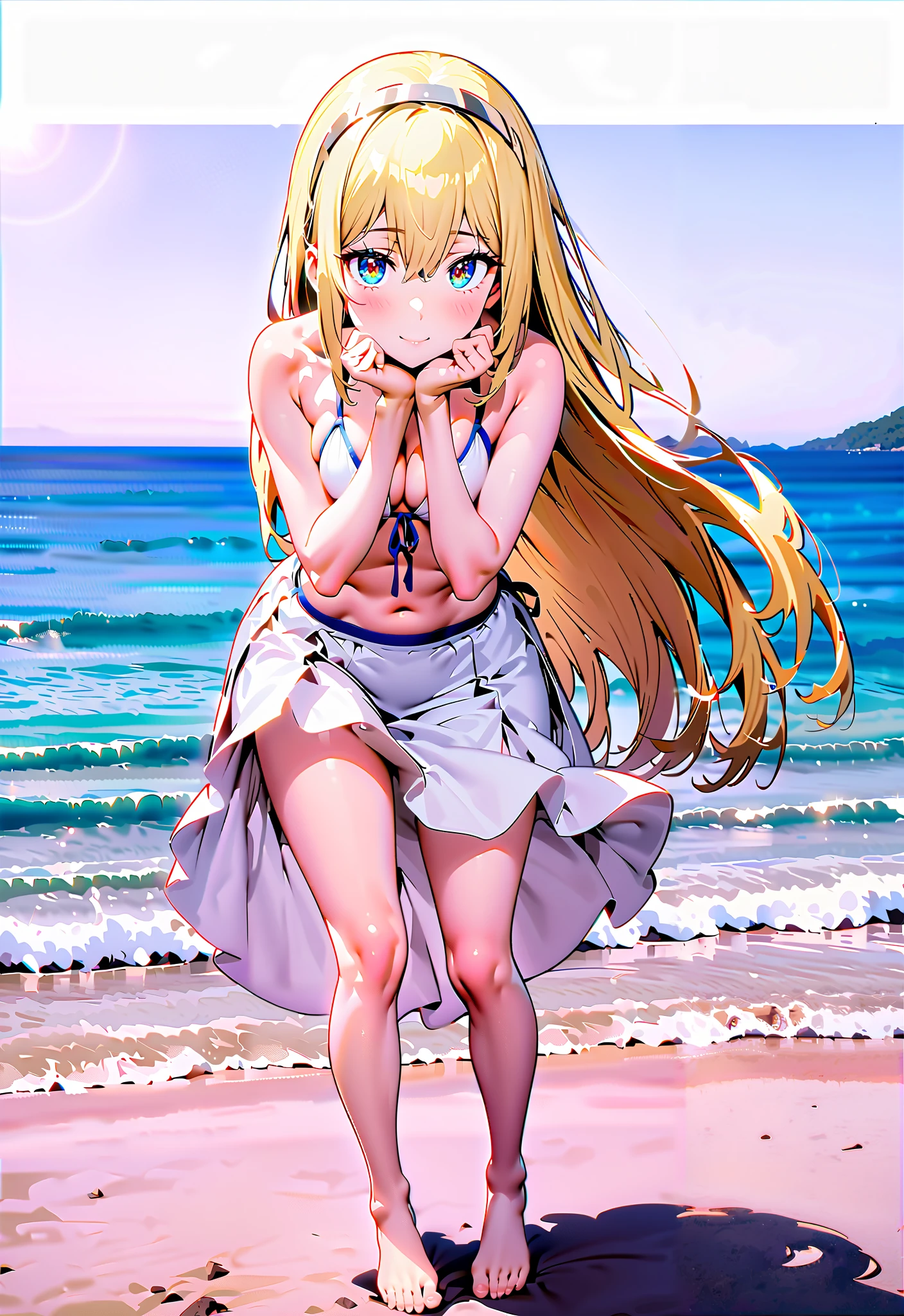 anime, (high quality, detailed, beautiful), shiny, detailed beautiful eyes, outstanding, countershading, detailed soft lighting, an exquisite animation illustration, score_9, score_8_up, score_7_up, source_anime, anime screencap, anime coloring, sidelighting, shiny luminous, 1girl, blonde hair, long hair, blue eyes, forehead, double bun, braided bun, twintails, sidelocks, keyhole, forehead mark, one-piece swimsuit, dress swimsuit, polka dot bow, orange bow, white headgear, Mitre, smile, open mouth, outdoors, church, crab's hole, beach, sunlight, shiny skin, wet skin, very sweaty, very wet skin, steaming body, awkward situation, awkward grin, shy, blush, squatting, ass, from behind, looking at viewer, cowboy shot, expressiveh, attractive poses, poop, pooping, pooping in crab's hole,