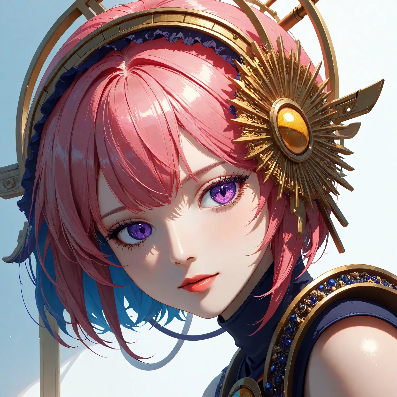 a futuristic landscape in the illustrative style of french illustrator Moebius, (blues, yellows), brutalist architecture, brutalism, retrofuturistic, french retro, retrofuturistic car, (White background:1.4),(Isabella Rosalini), head silhouette, Eyes closed, Long colored hair, Oriental elements)，(Chinese illustration:1.3，Paper Art:1.3, キルティングPaper Art:1.2),( Streamlined Design, Clear lines, High sharpness,Better Quality, Very detailed, Master Parts, Film Light Effect, 4K ) Illustration design, porcelain doll skin, beautiful detailed eyes, beautiful detailed lips, extremely detailed gold eyes and face, long eyelashes, upper body, from side, looking at viewer, (fractal art:1.3), (pink hair:1.2), water, liquid, cloud, colorful, starry, stars, (best quality, 4k, 8k, highres, masterpiece:1.2), ultra-detailed, (realistic, photorealistic, photo-realistic:1.37), vibrant colors, studio lighting, extremely detailed description, professional, concept art, surreal, 1920s french vibe, monochromatic gold and pink palette, in the style of french illustrator moebius, gold elements, Yae Miko from genshin impact, pink hair, purple eyes, head ornament, big breasts, slender legs, 