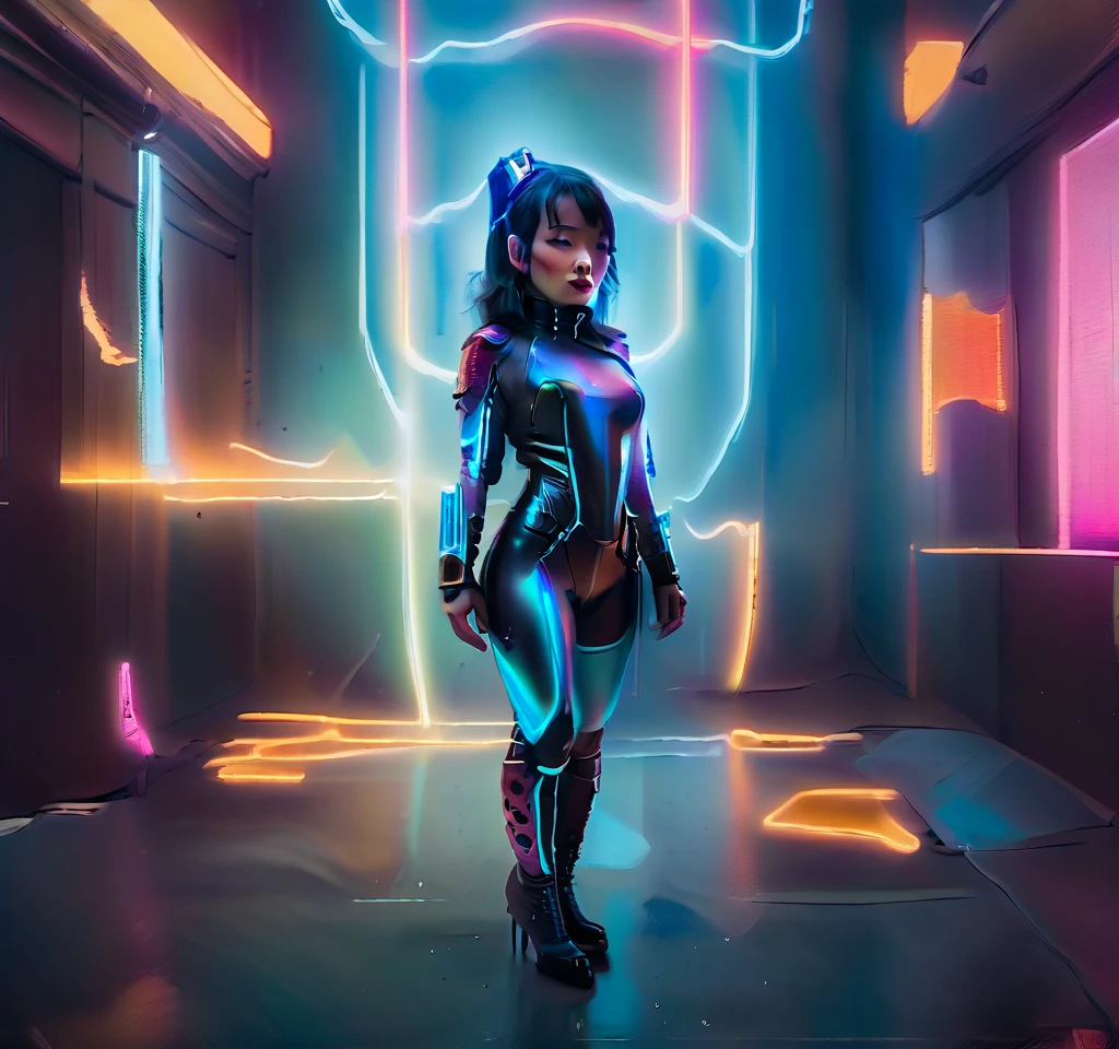mulan, ((long black hair, bangs, glowing black eyes,  makeup, narrow waist, skinny, medium breasts, Transparent neon cover)), pelvic curtain, ((light black bikini, chinese clothes)), full body, perfect body, (insanely detailed, beautiful detailed face, masterpiece, best quality) , (((solo))), (((1girl))), (((mature))), (extremely detailed 8k paper CG wall unit: 1.1), (street, cyberpunk,Electronics, chinese temple, night), (smile face for the viewer), big ass, underbutt, behind, from back
