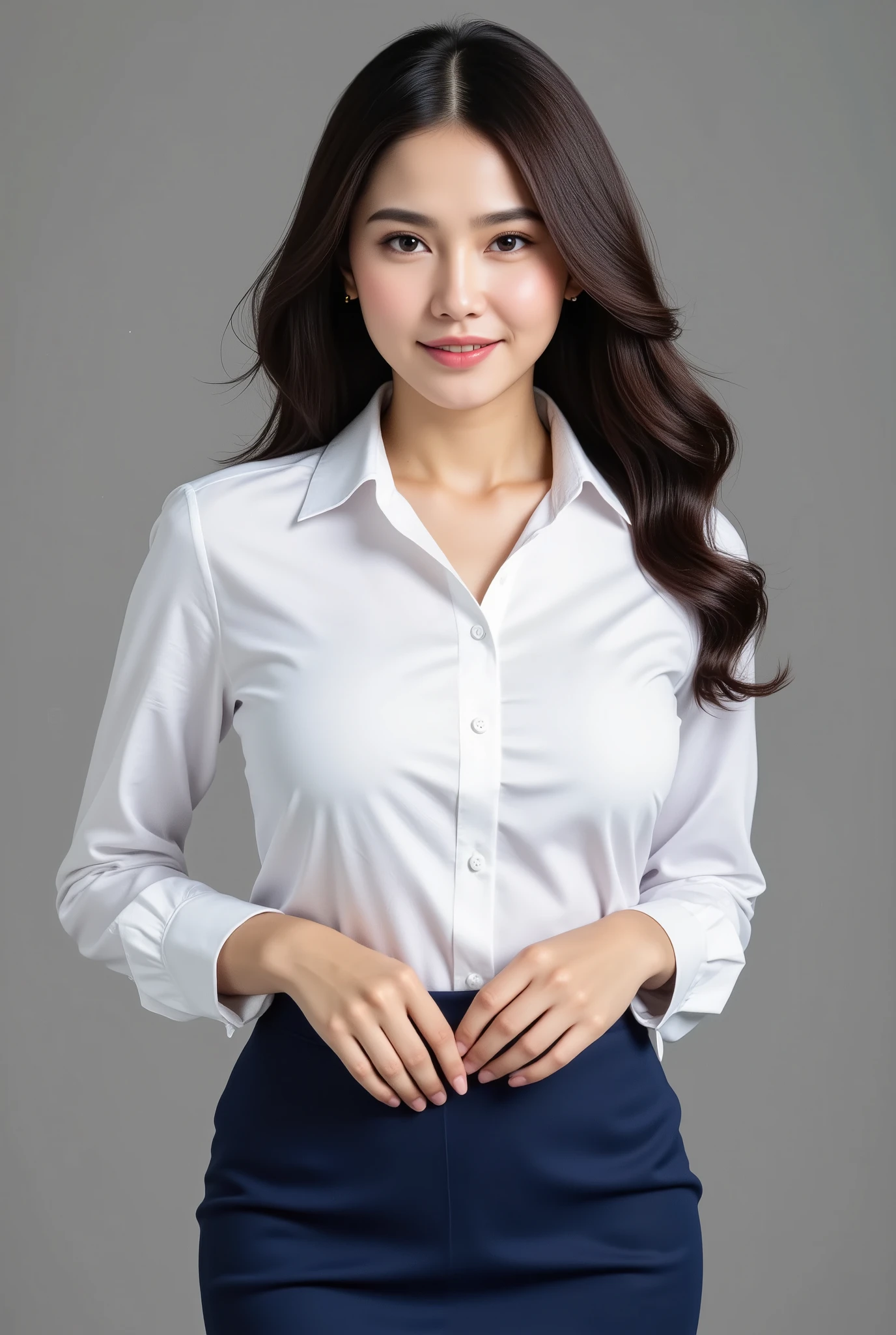 a detailed portrait of a very busty, beautiful very young Chinese woman (18 years old), wearing a white business shirt, impossibly massive perky breasts, and navy blue skirt, in a high-quality, realistic, and absurdly detailed 8K resolution image with ray tracing and reflex effects, masterpiece quality.