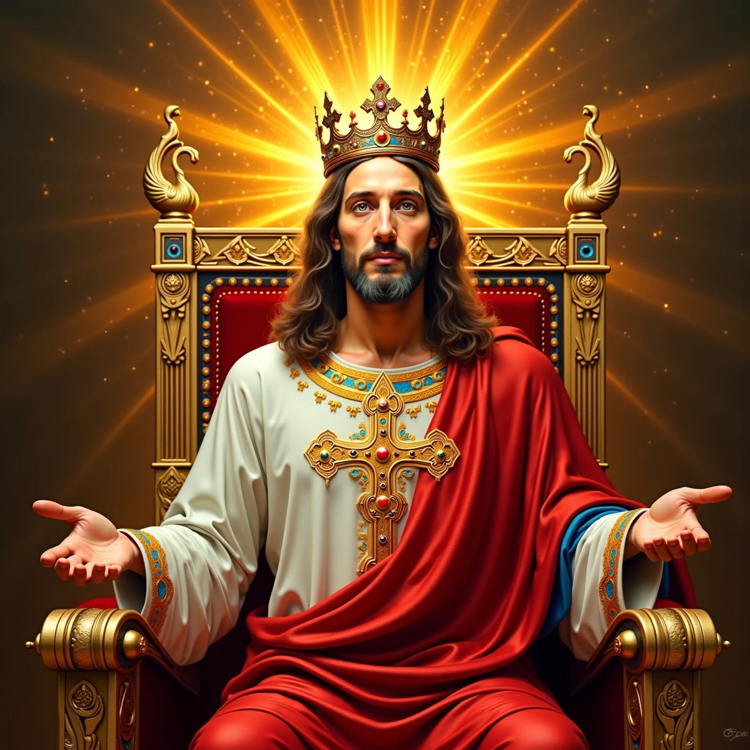 jesus sitting on the divine throne with power and majesty well dressed with white and red tonic, masterpiece, best quality, high quality, 8k unit wallpaper CG extremely detailed, award-winning photography, Bokeh, Depth of Field, HDR, bloom, chromatic aberration, photorealistic, extremely detailed, trend in artstation, trend in CGsociety, intricate, high detail, dramatic, art in the middle of the journey, Volumetric lighting