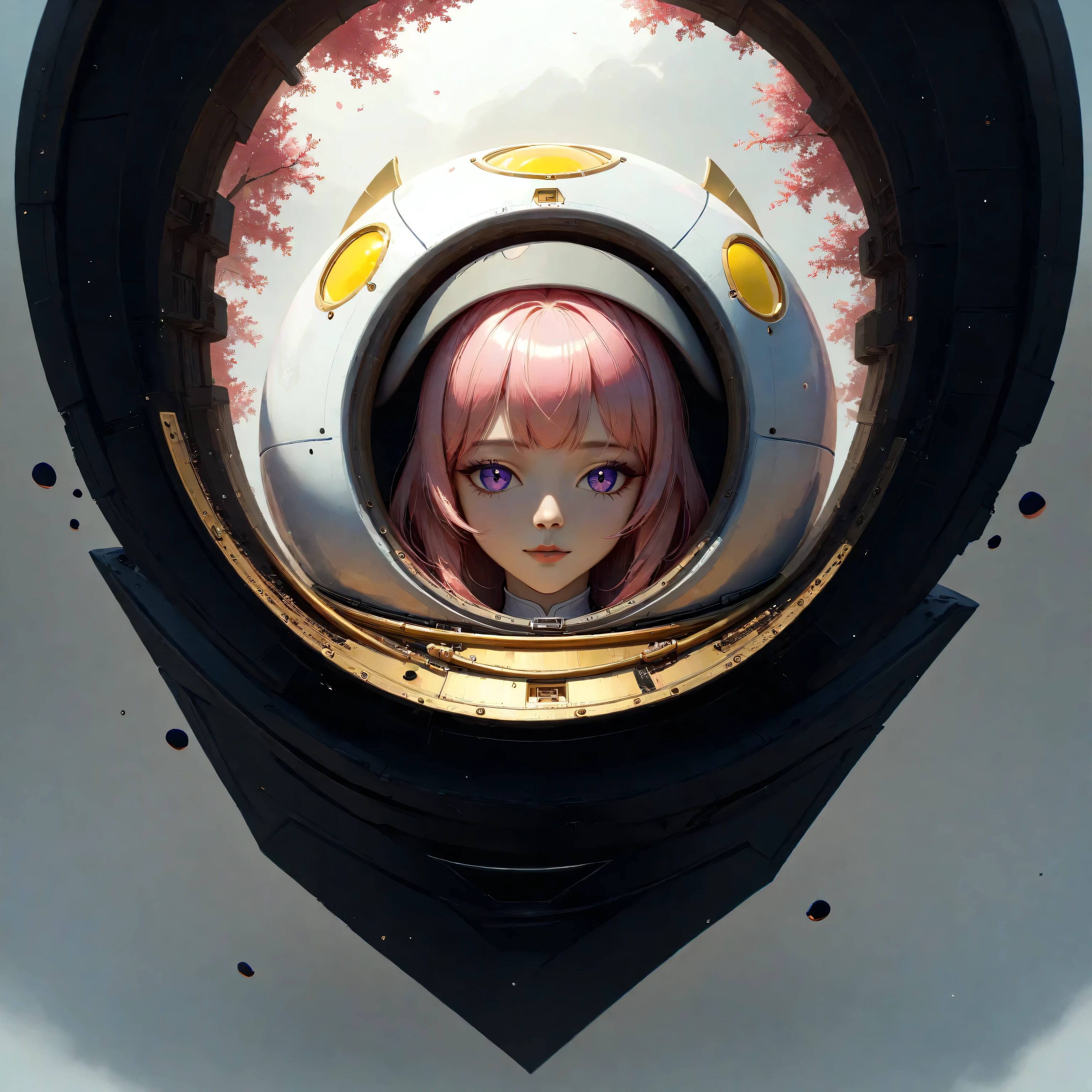 a futuristic landscape in the illustrative style of french illustrator Moebius, (blues, yellows), brutalist architecture, brutalism, retrofuturistic, french retro, retrofuturistic car, (White background:1.4),(Isabella Rosalini), head silhouette, Eyes closed, Long colored hair, Oriental elements),(Chinese illustration:1.3,Paper Art:1.3, キルティングPaper Art:1.2),( Streamlined Design, Clear lines, High sharpness,Better Quality, Very detailed, Master Parts, Film Light Effect, 4K ) Illustration design, porcelain doll skin, beautiful detailed eyes, beautiful detailed lips, extremely detailed gold eyes and face, long eyelashes, upper body, from side, looking at viewer, (fractal art:1.3), (pink hair:1.2), water, liquid, cloud, colorful, starry, stars, (best quality, 4k, 8k, highres, masterpiece:1.2), ultra-detailed, (realistic, photorealistic, photo-realistic:1.37), vibrant colors, studio lighting, extremely detailed description, professional, concept art, surreal, 1920s french vibe, monochromatic gold and pink palette, in the style of french illustrator moebius, gold elements, Yae Miko from genshin impact, pink hair, purple eyes, head ornament, big breasts, slender legs,