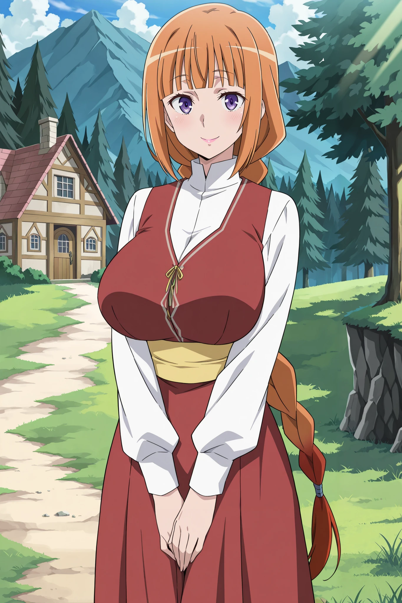 (very_aesthetic, best_quality, high_resolution, ultra_detailed, anime_screencap), 1 mature woman, solo, Kahvel (100-man no Inochi no Ue ni Ore wa Tatteiru), orange hair, very long hair, hair tie, braided ponytail, blunt bangs, purple eyes, detailed eyes, loving smile, pink lips, gigantic breasts, standing, hands on lap, looking at viewer, slim body, long sleeves, red vest, medieval white shirt, high collar top, intricate details, yellow pirate waist sash, red skirt, long skirt, outdoors, day, cottage house, grass, edge of cliff, mountains, forest