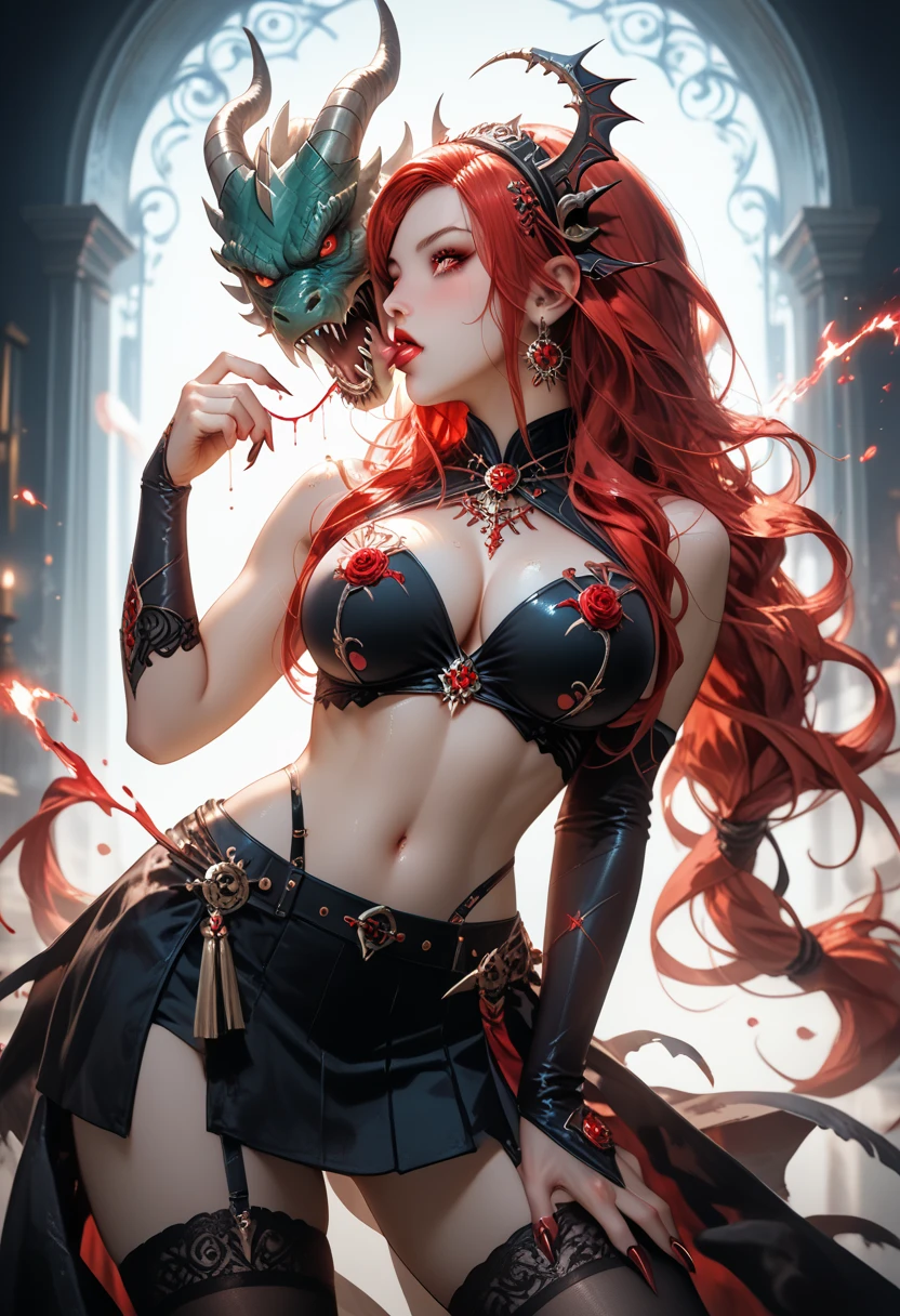 A captivating 3D rendering of a mesmerizing young woman with fiery red hair and piercing blue eyes, gracefully holding a mysterious, faceless mask that reveals half of her enchanting face. A soft, ethereal glow emanates from her right eye, casting a mesmerizing aura. She is adorned in an exquisite white evening gown with golden details, featuring the distinct "Dragonsteel7" emblem and the eye-catching, chrome red "REDRAGON FURY X" logo. This cinematic, anime-inspired image, bursting with vibrant colors and intricate details, serves as a spellbinding poster and illustration for a magical story. The 3D render showcases a powerful and enigmatic figure, designed to captivate the imagination and draw in viewers, anime, typography, 3d render, illustration, 3d render, anime, product, photo, poster, typography, cinematic