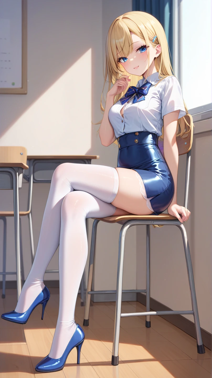 8K, Best Quality, Masterpiece, Ultra High Resolution, (Realism: 1.4), Original Photo, (Realistic Skin Texture: 1.3), (Film Grain: 1.3), (Selfie Angle), 1 Girl, Beautiful Eyes and Face Details, Masterpiece, Best Quality, Close-up, full body, Looking at the Viewer, sexy underwear, no bra, lewd, school girl, sailor uniform, classroom, long legs, tall, pale skin, blonde hair, white skin, reveal uniform, reveal clothes, reveal underwear, expose clothes, expose underwear, expose uniform