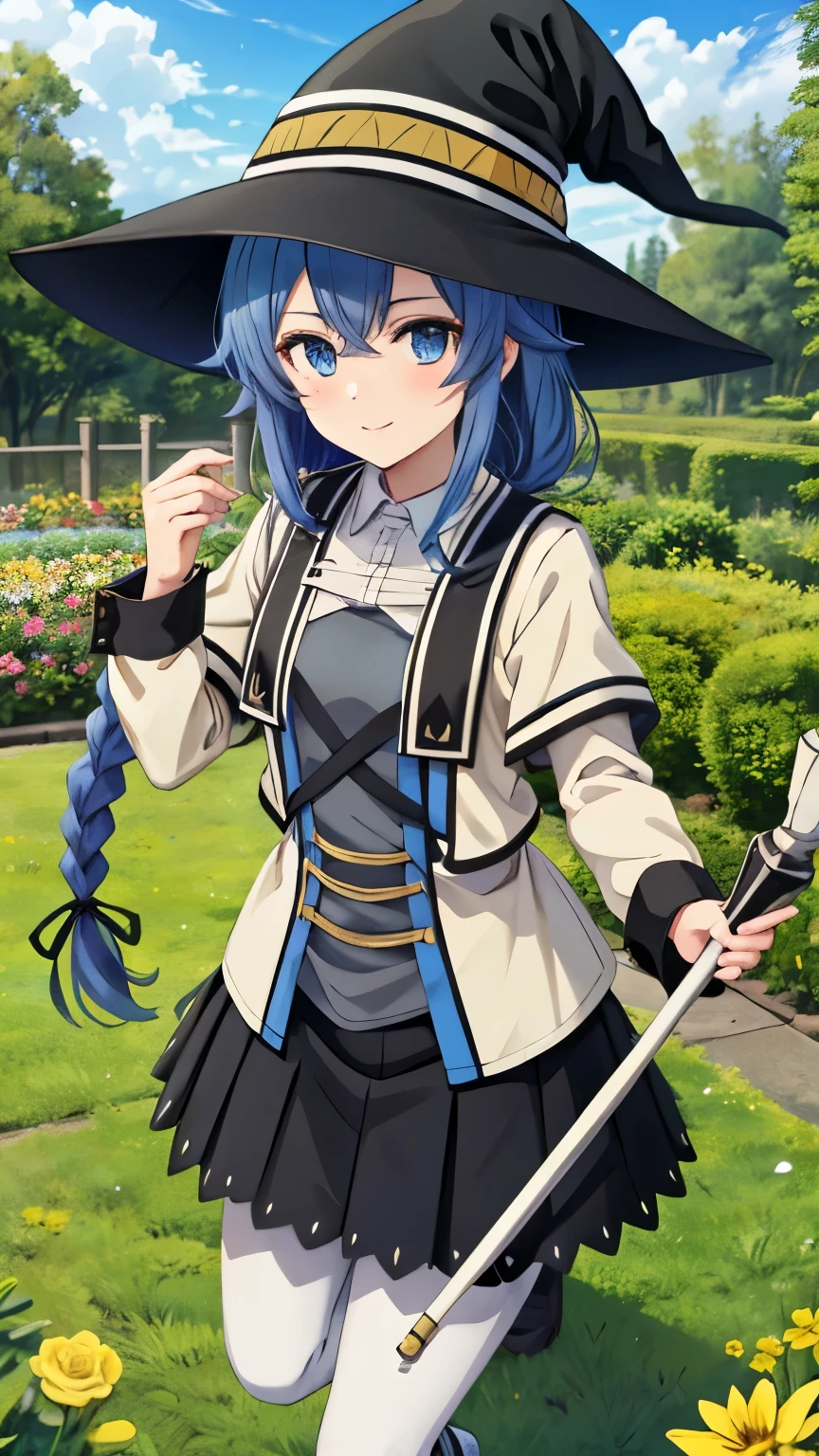 {{{obra-prima}}}, {{{Best Quality}}}, {{ultra-detailed}}, {illustration}, {{an extremely delicate and beautiful}}, (beautiful and detailed eyes:1.6), extremely detailed face, 16K, anime look of a young woman, extremely pretty anime face, anime best girl, anime face, Roxy Migurdia(MusHoku TenSei), Roxy,1 menina, Sozinho, rosto fofo, curto, ahoge, olhos azuis, cabelo azul, cross fringe , sidelocks, Braid, black hair ribbon, long hair, twin Braids, very long hair, medium breasts, thin waist, big hips, BOUQUET, quebrar, witch hat dress, black hat jacket, capa marrom, Marromlet cover , white jacket, long sleeves, white collar, open clothes , open jacket, black sweater, minissaia, pleated skirt, saia preta, capa branca, black pantyhose, white shoes, high boots, coxas, quebrar, alabarda, cajado, holding staff, segurando, spear, sorrindo, looking at the viewer, boca aberta, red cheeks, flash effect, ar livre, montanha, dia, floresta, Flower garden, campo, sol, peeking under