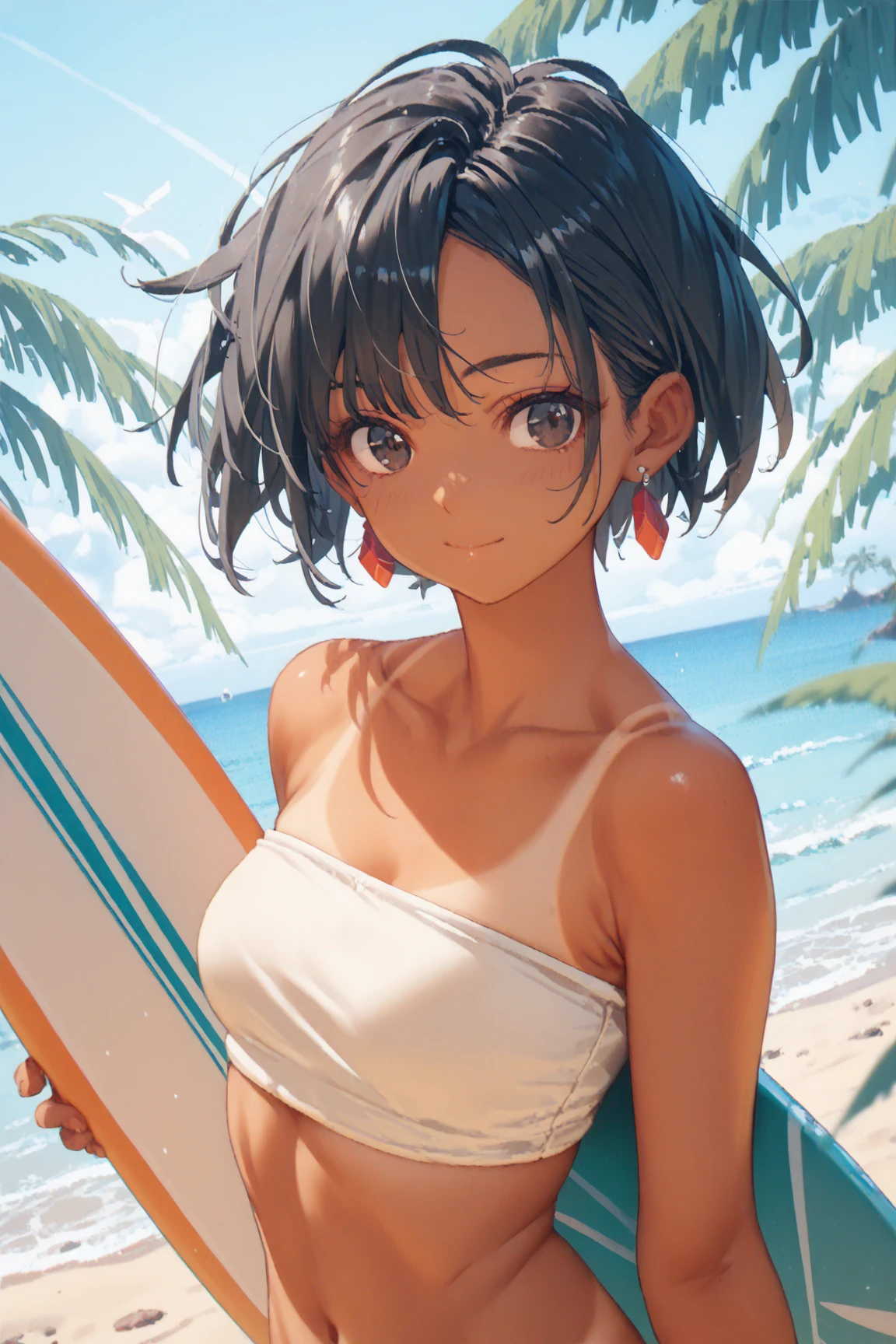 ((highest quality, masterpiece, High resolution))、((anime art))、beautiful japanese woman、((2 people))、(2 peopleの美しい女性)、(2 peopleはなかよし)、23 years old、cute face、medium short hair、 ((Detailed depiction of a beautiful face))、smile gently、young、bikini swimwear、 smaller breasts、slim body shape、photorealistic perfect body、(A pareo skirt with bold ethnic patterns and plenty of primary colors on the waist..)、realistic skin、Wet、whole body、cinematic light、tropical、Against the background of palm trees、on a sunny beach、With the sea in the background、blur background、