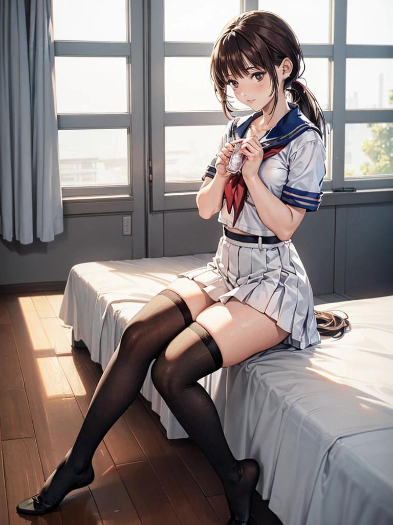 (((masterpiece, Highest quality, High resolution, 超High resolution, Perfect Pixel, Depth of written boundary, 4K, RTTX 10.0))), Beautiful Anime Woman, Beautiful art style, Anime characters, ((Smooth texture, Realistic texture, Anime CG Style)), Exact finger count、Exact number of legs、(Exact number of arms:1.0, Exact number of hands:1.0), (Perfect hands, Perfect Anatomy), Cinematic, Realistic, Extremely detailed CG, Daytime lighting, Perfect lighting, Best Shadow, The best natural light, whole body, Perfect body, バランのとれたPerfect body, Perfectly balanced style, Slender body, ((Long Hair, bangs, Reddish brown hair, ponytail)), ((A cute adult woman is holding her panties in both hands and showing them, holding panties, presenting panties:1.8)), ((Sailor suit tops, Sailor collar, White shirt, Navy pleated mini skirt:1.3), (Knee-high socks:1.3):1.3), (Beautiful and big breasts:1), (Very embarrassed look:1.6), blush, (School classroom, School desks and chairs in the background:1.6), Angle from the front, (Sexy and cute panties:1.45), Iori