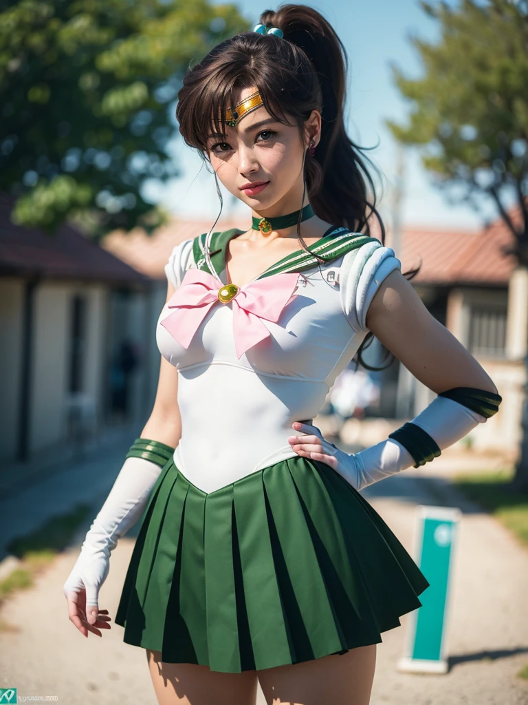 EPsmSailorJupiter, green eyes, brown hair, ponytail, earrings, choker, circlet, green sailor senshi uniform, pink bow, white elblow gloves, green skirt,looking at viewer, serious, smirk, sitting, legs crossed, on bench, outside, park, trees, night time, high quality, masterpiece, <lora:EPsmSailorJupiter:.8>