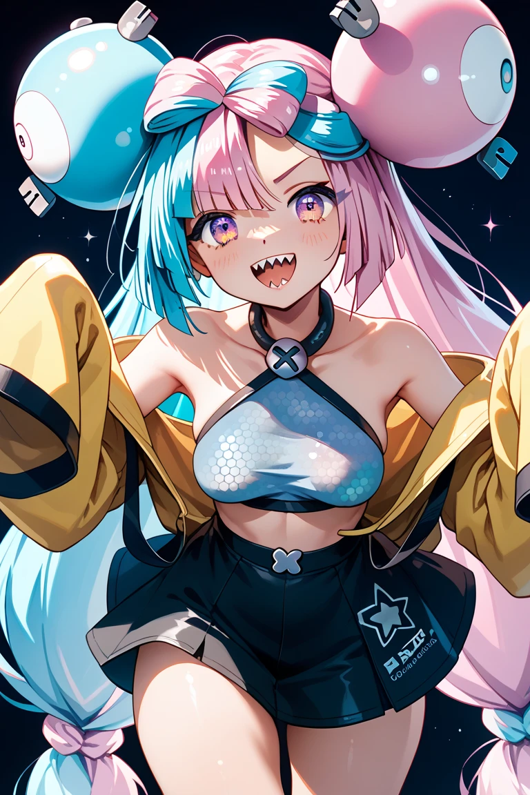 pokemon iono, blue hair, bow-shaped hair, character hair ornament, hair ornament, long hair, low-tied long hair, multicolored hair, pink hair, sharp teeth, split-color hair, twintails, two-tone hair, pink eyes, プール 裸