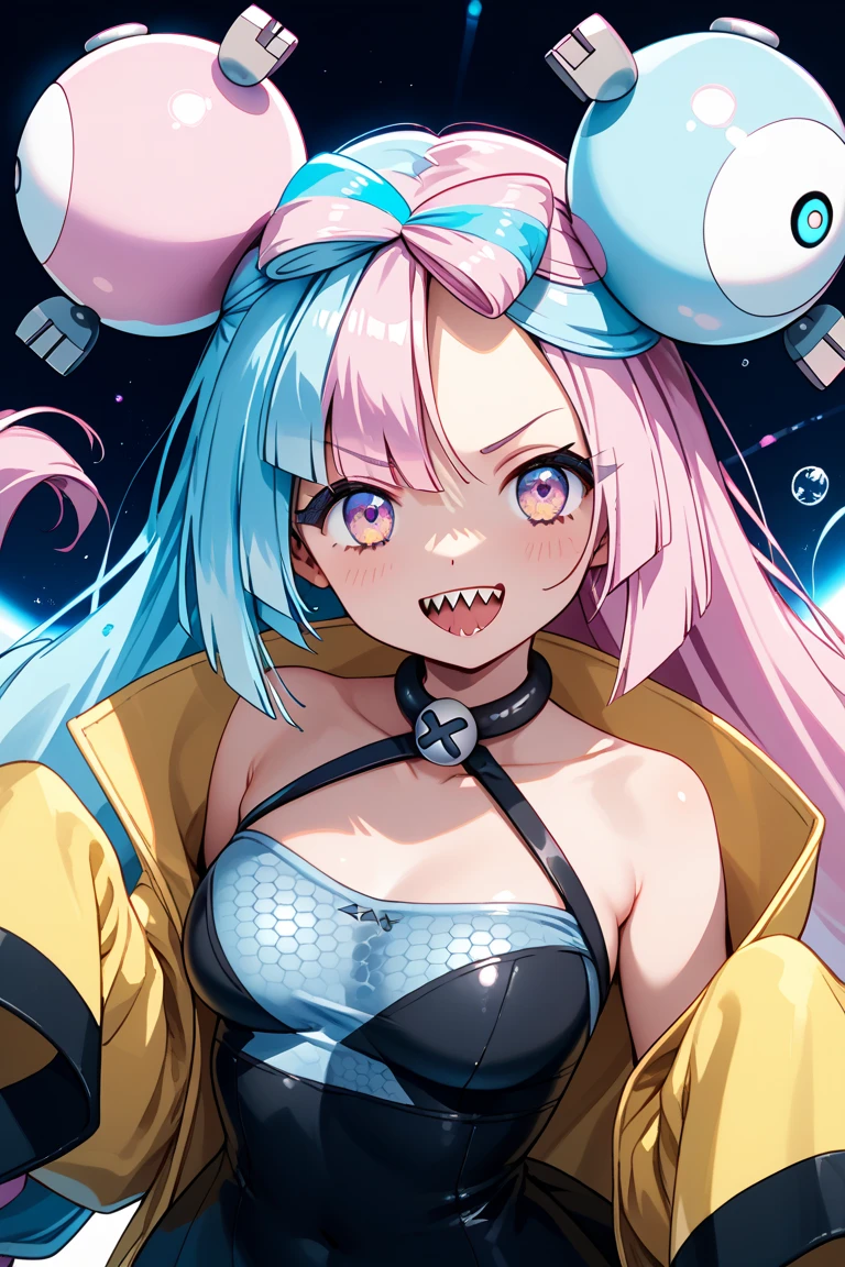 Girl in black and white dress, Pink tail, anime cat girl in a maid costume, style of magical girl, Small two-tone curls, fleshy feeling, sparkling magical girl, portrait of magical girl, anime girl in a maid costume, nyaruko-san, magical little girl, Splash art, Openwork maid costume, lollipop, Detailed key anime art, white hair, long hair,demon horns, demon wings , huge boobs