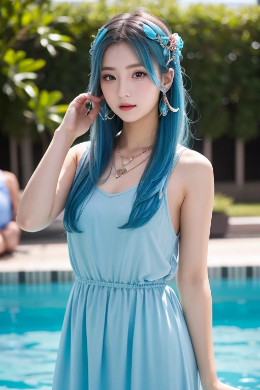 whole body,panoramic,Front light,Sunlight on the face,A very beautiful girl,light blue hair,Du Qiong,((reality)),masterpiece,under art,The breasts are big and beautiful,Super big breasts,Chest tightness,tight clothes,Wearing a colorful tight T-shirt,Various gradient skirts,((The background is indoor pond furniture, cups, vases, clocks, paintings, bathtubs, electrical appliances)),bright,on the sun,Seven doppelgangers,Smile,blush,lip gloss,earring