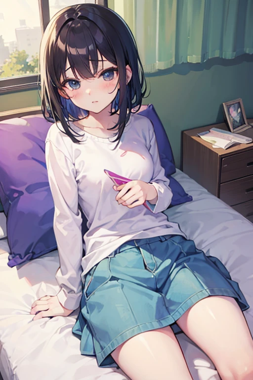 child,(masterpiece,Highest Quality),turquoise short sleeve shirt,Plaid mini skirt,A dark-haired,Semi-long,World of toys