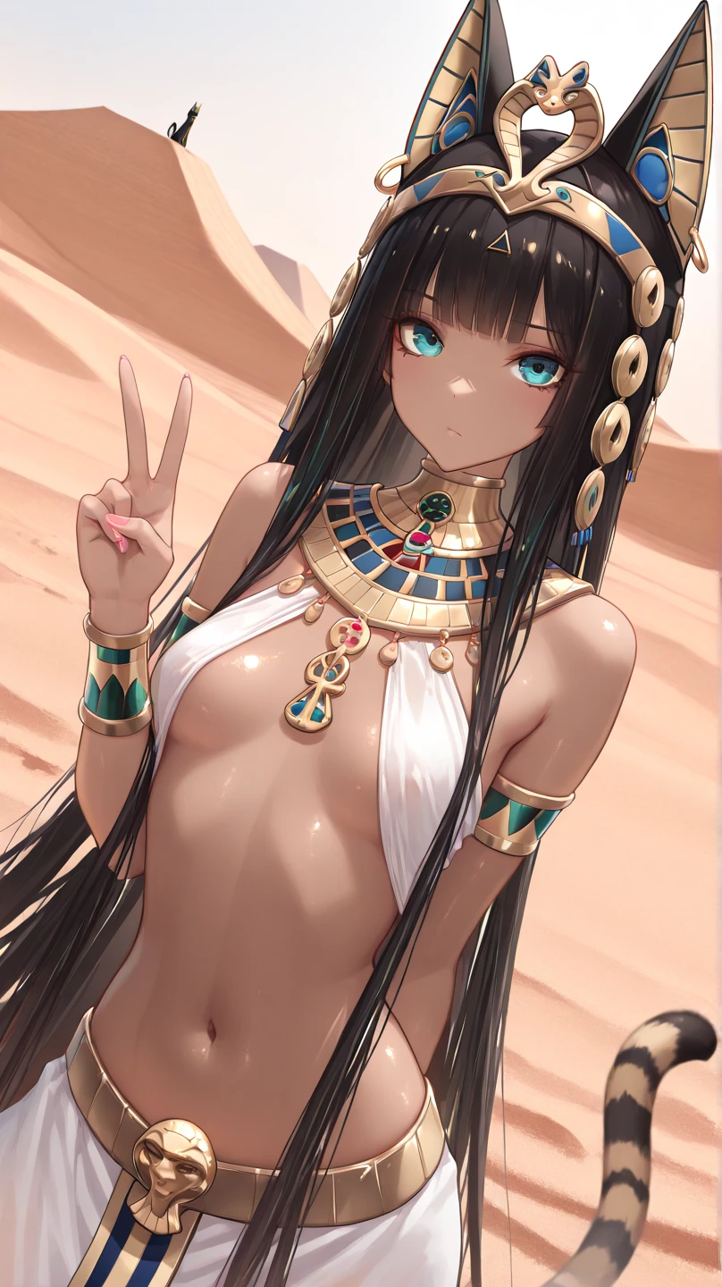 1girl, solo, long hair, breasts, looking at viewer, smile, open mouth, bangs, blonde hair, black hair, dress, animal ears, bare shoulders, jewelry, sitting, tail, yellow eyes, :d, multicolored hair, earrings, small breasts, outdoors, day, cat ears, dark skin, white dress, bracelet, two-tone hair, dark-skinned female, cat tail, v, covered navel, fangs, pelvic curtain, extra ears, armlet, colored inner hair, palm tree, thighlet, egyptian, egyptian clothes