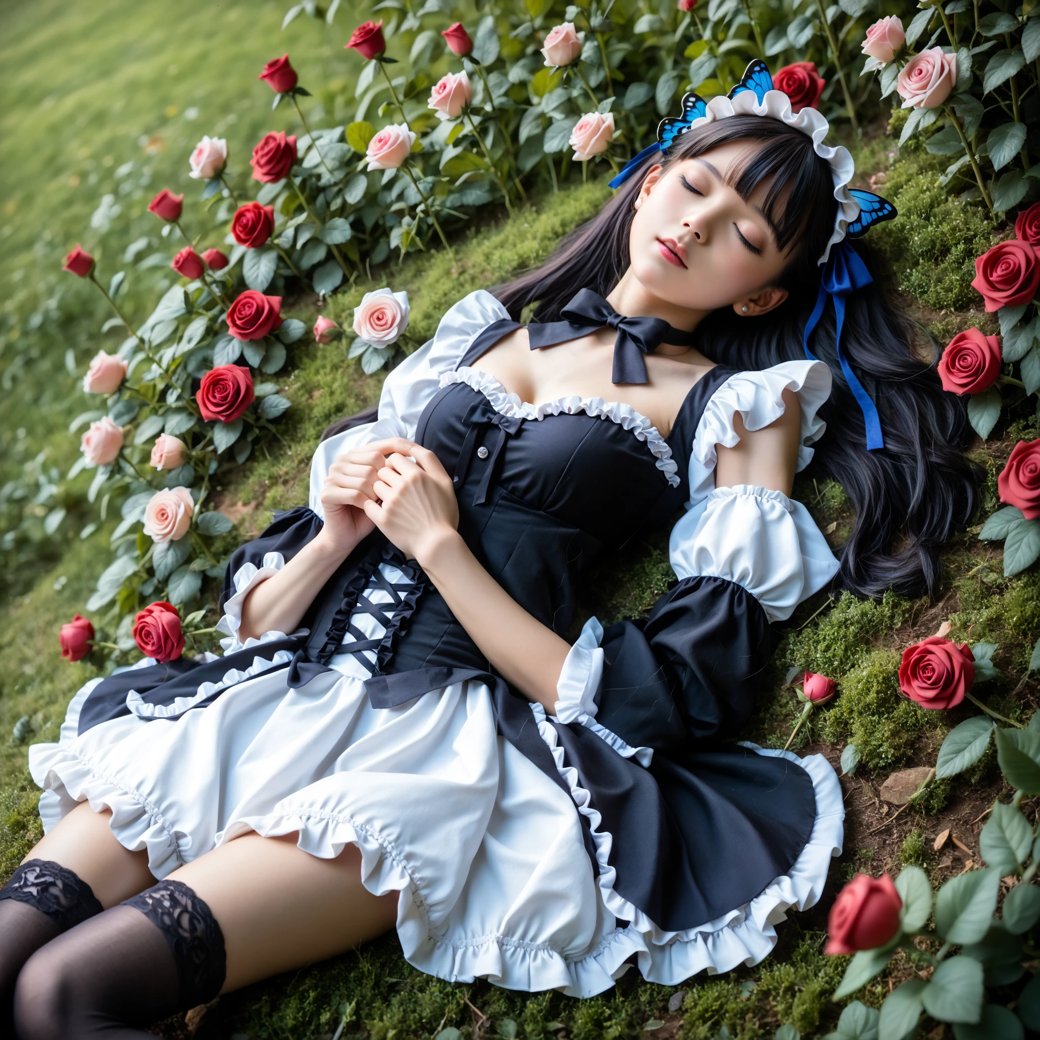 Masterpiece, high quality, many details,
Girl (16 years old), black hair with a white streak, red leather corset, blue lace bra, black pleated skirt with white trim, high black boots with spiked heels, sexy, black kayale, red lipstick, a bouquet of blue roses,