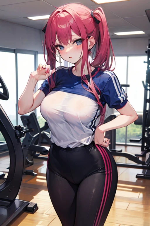 kei (dirty pair) (cosplay), 32-years-old femaile. Dark red long hair with bangs to the eyebrows. Wearing a sexy gym uniform. Sexy pose. In the gym. smiling,, sitting down, one leg up