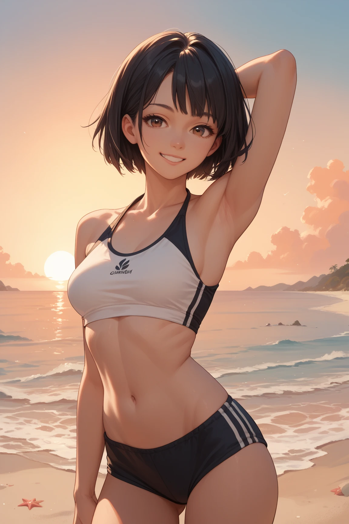 True Face stand alone 5pm Sunset bright from the front straight low length Cowboy Shot Place your arms behind your head Belly button Ocean Beach Show me your armpit hair Beauty blush Tank top Shorts