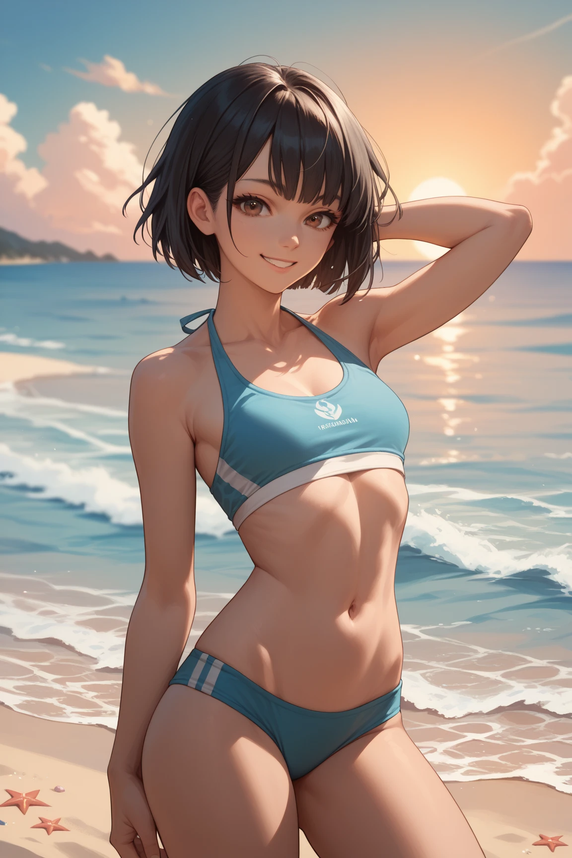 1shot,((perfect anatomy:1.3,realistic:1.3,RAW Photography:1.3,masterpiece、highest quality、Ultra - High resolution、High resolution、Highly detailed CG、8K)),cowboy shot,1 female,solo、20 year old beauty,Japanese,((beautiful detailed face and eyes,gorgeous eyes)),black hair,short hair,bangs,smile,((small breasts,ideal ratio body proportions:1.3,slender body,skinny,sweat:1.5)),(oily skin:1.5,gleaming skin,shiny skin),(Micro Bikini、Bikini Shorts、camel toe),standing,garden、Playground equipment、Outdoor、sunlight、
