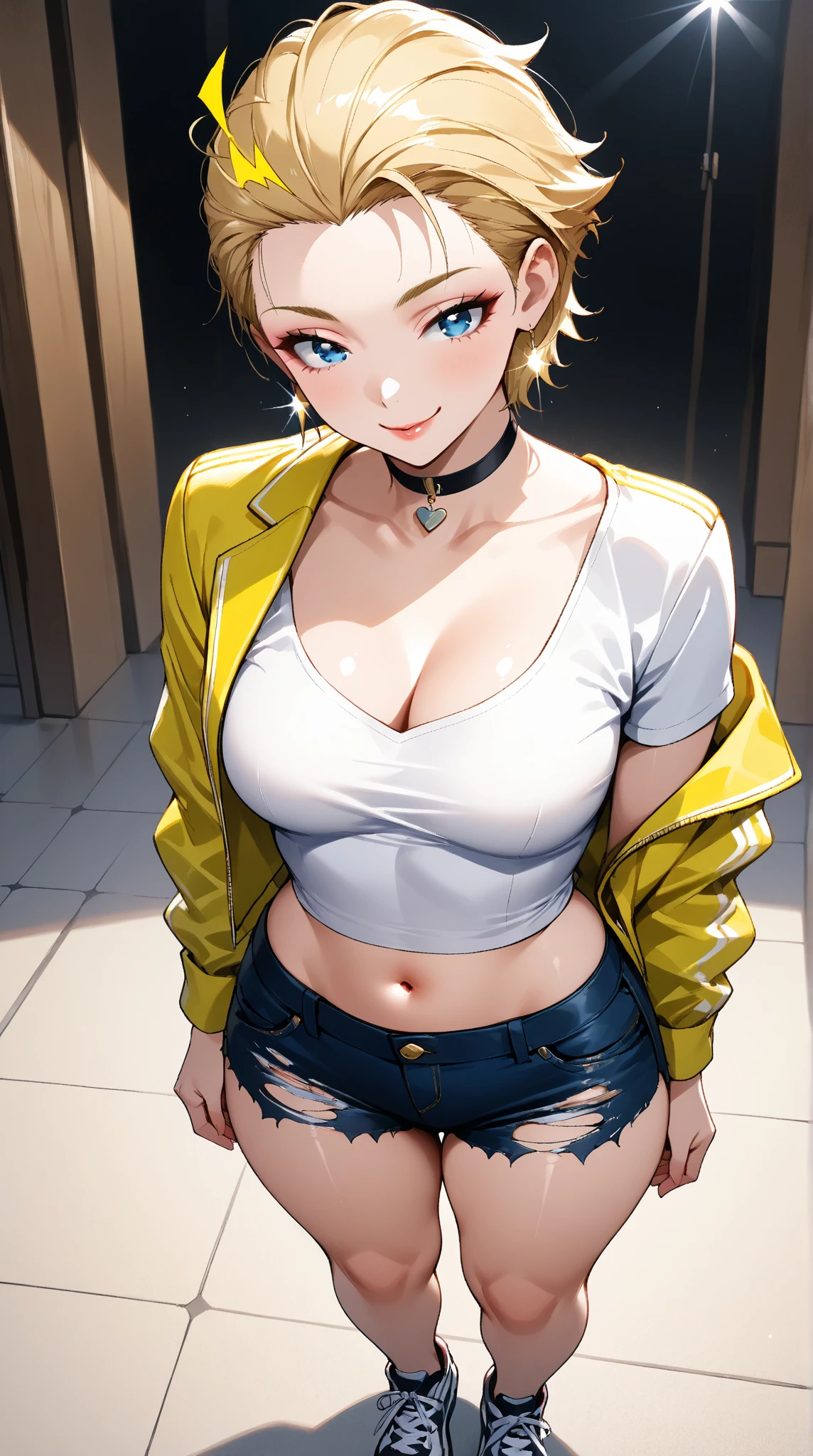 beautiful woman, solo, full-bodied, standing, medium bob cut blonde hair, light blue eyes, two points glasses, medium breasts, blue opened jacket, white blouse, white long flare skirt, blue high heels, soft smile, perfect hands with 5 fingers, black background, no background