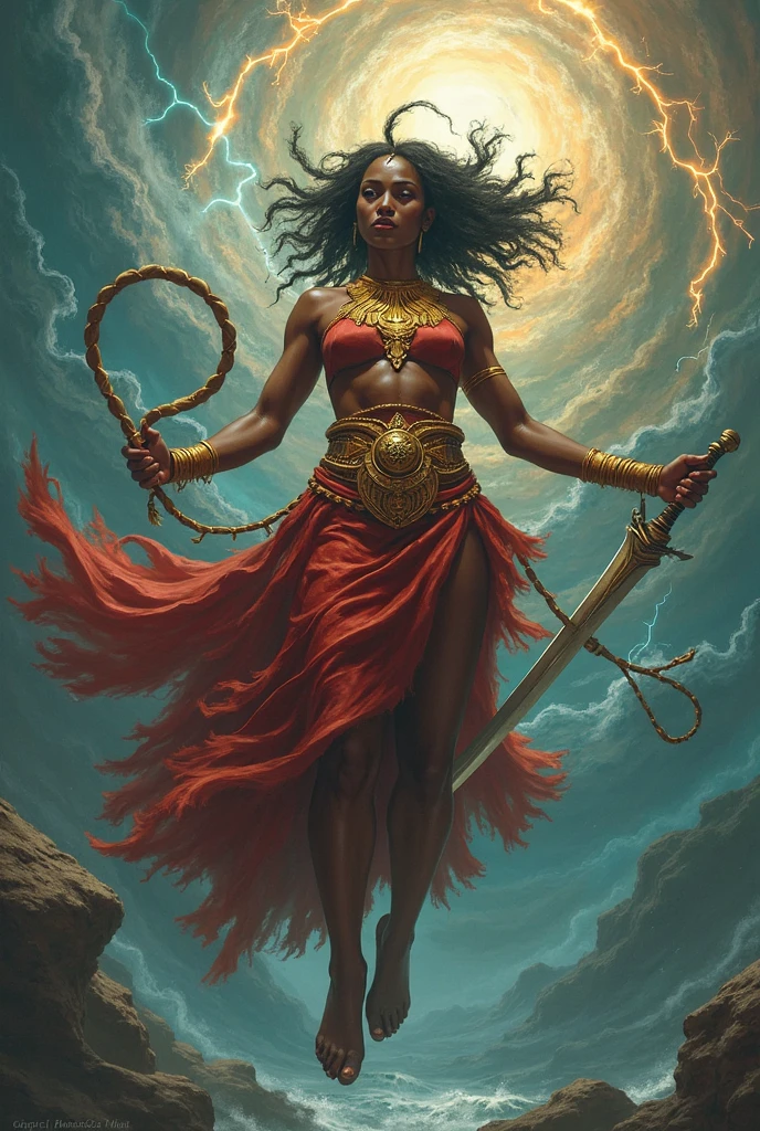 full body wide shot, 1female, 50-year-old, indian, bimbo, ifbb, open top, (sheer skirt), gold bra, (glowing stirrups), long hair, dark skinned, detailed face