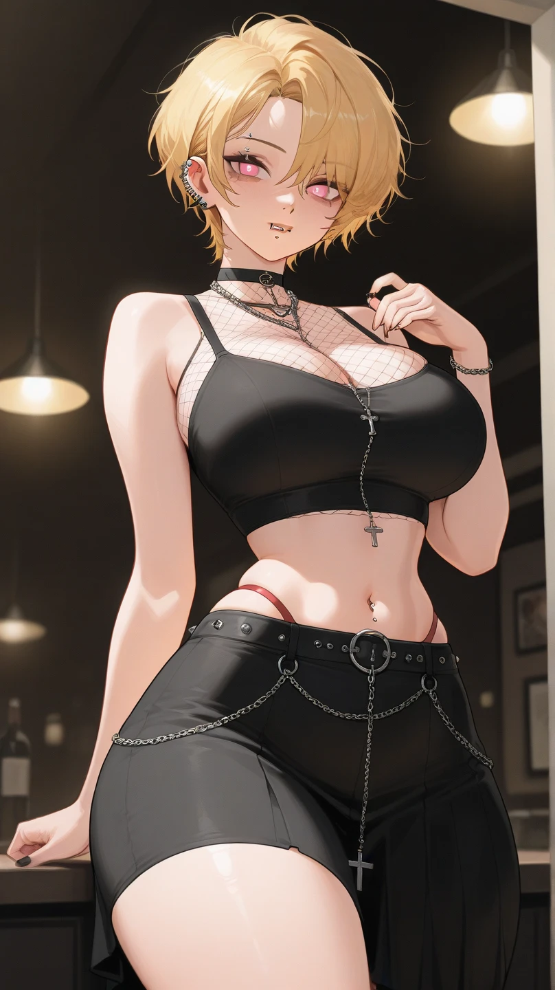mature women, kirigakure shura, multicoloured hair, red hair, yellow hair, long hair, high ponytail, hair between eyes, purple eyes, medium big , short sleeves plunge tee, cleavage, tucked in, blue jeans, blushing, closed mouth, smile, masterpiece, 8K, HD, perfect face, high quality, best quality, extremely detailed eyes, extremely detailed body, highly detailed, expressive eyes, high res, 1girl, solo, knee length shot, front view, looking at viewer, body facing viewer, pov shot, slightly from above, standing up, straight posture, hands on hips, bedroom