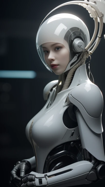 complex 3d render ultra detailed of a beautiful porcelain profile woman android face, cyborg, robotic parts, 150 mm, beautiful studio soft light, rim light, vibrant details, luxurious cyberpunk, lace, hyperrealistic, anatomical, facial muscles, cable electric wires, microchip, elegant, beautiful background, octane render, H. R. Giger style, 8k, best quality, masterpiece, illustration, an extremely delicate and beautiful, extremely detailed ,CG ,unity ,wallpaper, (realistic, photo-realistic:1.37),Amazing, finely detail, masterpiece,best quality,official art, extremely detailed CG unity 8k wallpaper, absurdres, incredibly absurdres, , robot, silver halmet, full body, sitting