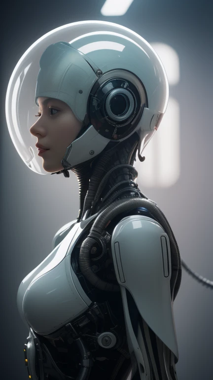 (masterpiece1.2),(best quality:1.2),(raw photo),ptp girl,solo,(upper body),robot woman by cybernetic ludum dare,(light smile:0.7),looks at viewer,face to viewer,in the style of sci-fi baroque,(transparent glass helmet),translucent thin tubes linked with helmet,dark white,8k resolution,machine aesthetics,intricate detail,hyper-realistic sci-fi,futuristic organic,(high key lighting),the bodysuit composed of various translucent mechanical parts,cyberpunk aesthetic. baroque xenomorph,dust in light,foggy,bokeh,kodak film,kodak portra 400,natural skin,true skin texture,