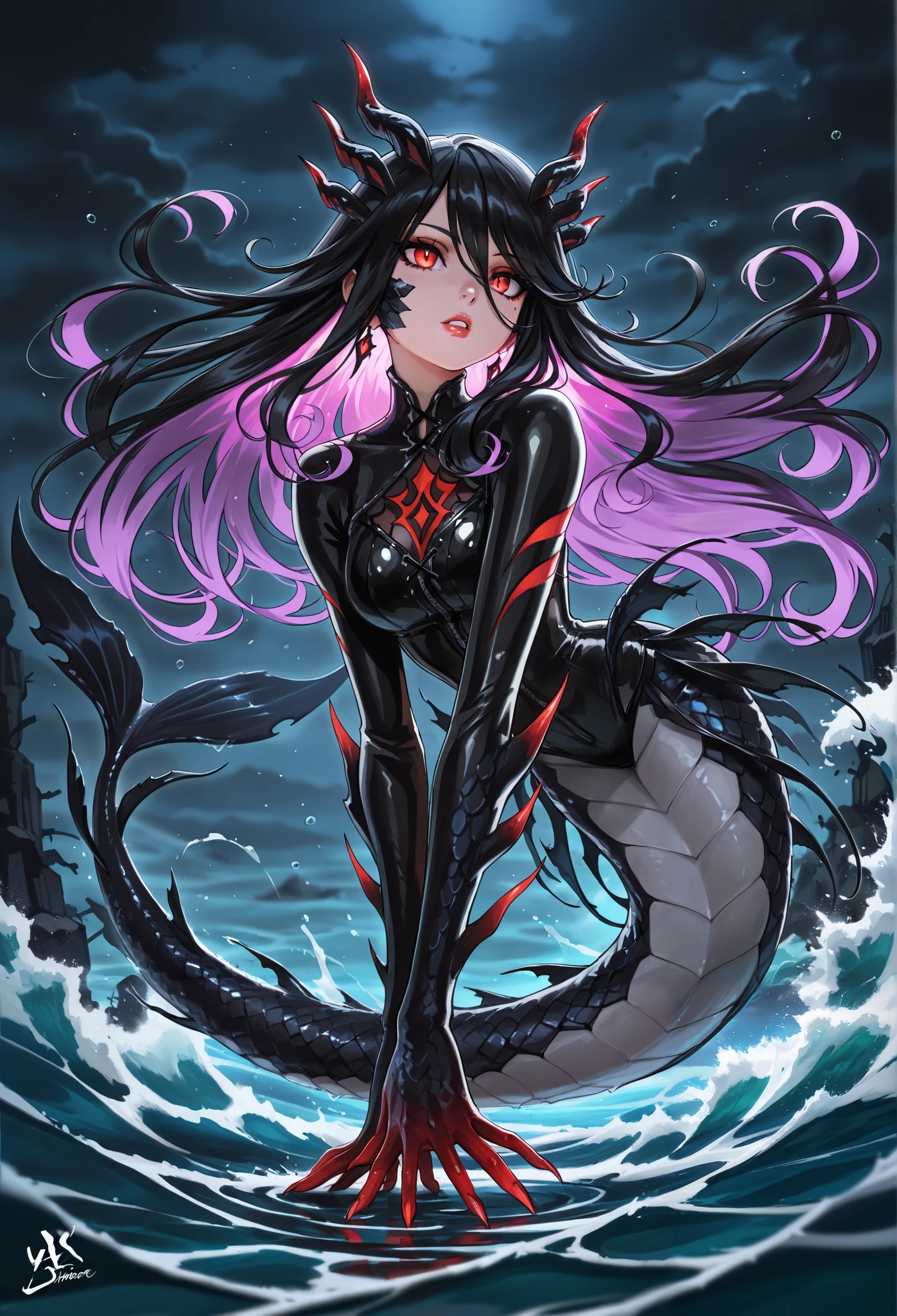 masterpiece, best quality, amazing quality, newest, very aesthetic, 1girl,A demonic mermaid rises from the depths in a fierce, dynamic pose, her body a perfect blend of terrifying beauty and monstrous power. Her scales shimmer in dark, iridescent hues of black, crimson, and deep violet, reflecting an eerie glow beneath the water’s surface. Long, flowing hair like tendrils of midnight seaweed frames her sharp, angular face, where glowing red eyes gleam with malice. Her tail, a twisted, powerful fin, curls behind her, sharp and deadly. Clawed hands stretch forward, ready to strike, while her serpentine body ripples with raw, untamed energy, exuding a menacing aura of both seduction and destruction.