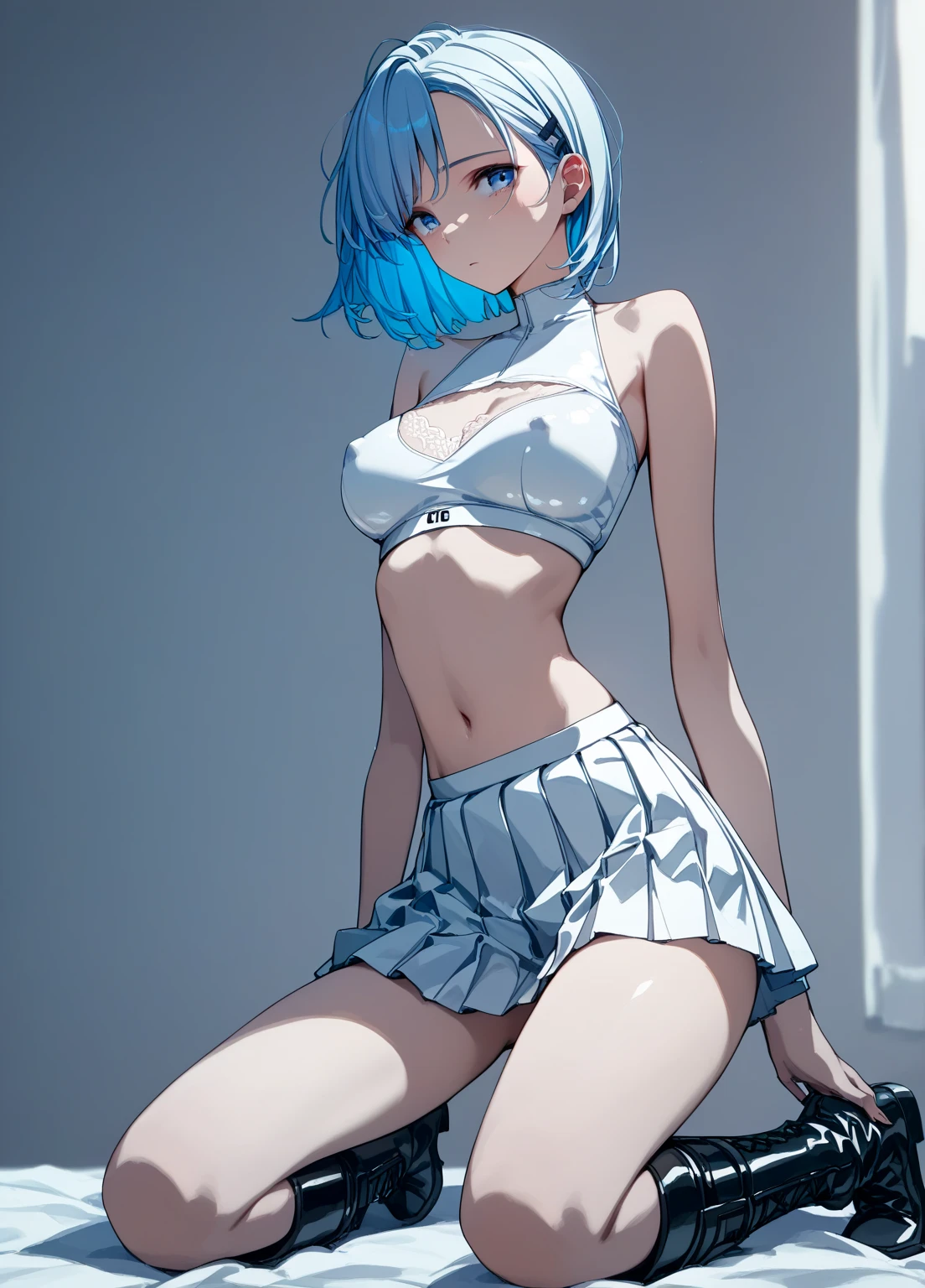 Masterpiece, best quality, 16k resolution, NVIDIA RTX Ray Tracing technology, Create a 4K resolution, ultra-realistic, and extremely detailed artwork, award winning, retina, soft light, sharp focus.(hyper-realistic:1.4) , (full body:1.5)
Rem from rezero, (remrin), blue hair, short hair, (hair over one eye:1.3), blue eyes, Nlue bikini, detailed bikini
looking at viewer, strongly ashamed, embarrased, blushing, epic, cinematic, dramatic, reflective, shining, purple glow, big breasts, cleavage, sexy, modeling pose, turned
smooth perfect skin, smooth_skin
Beautiful、(red blush)、big breasts,
FULL BODY SHOT, ultra wide angle, textured skin, face detail, clean skin, perfect hands, perfect anatomy, anatomically correct