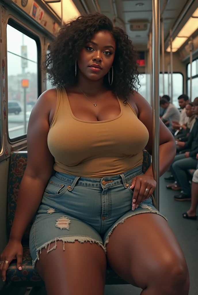 1 beautiful woman, large body, eyes closed, eyelids made up, medium earrings, short afro hair, turquoise dress, black jacket over the dress, sandals, large turquoise bag, long eyelashes, full lips, mouth open, head resting on the seat, sleeping lying on the train