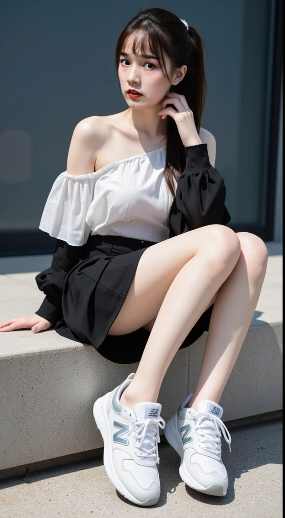 ((Best picture quality, 8K, tmasterpiece:1.3)), 1girll, Casual hairstyle, （off-shoulder blouse，Short pleated skirt：1.3）,（wet see through clothes：1.4），Ultra-fine face, A detailed eye, 二重まぶた，（long leges：1.4），（athletic sneakers：1.3）Erlang legs，Sit sideways on a high platform