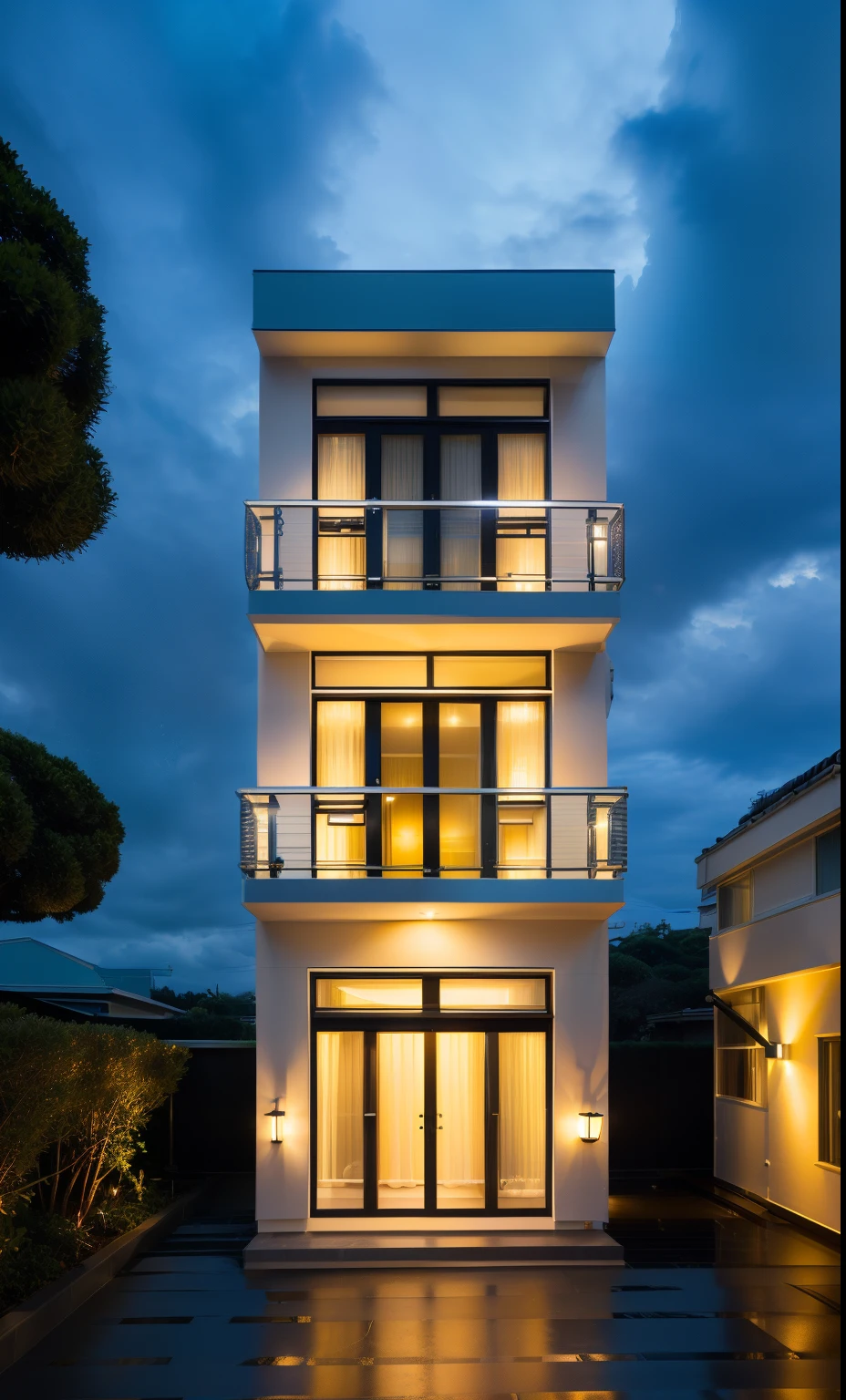 Exterior, modern glass house, white house made of wood and white and stone main material, townhouse, blue sky: 1.8, glass balcony: 1.8, 2-panel glass door: 1.8, vertical wall covered with black stone, large yard, 1 garage, 1 car, 1 road in front of the house, dynamic light: 1.4, cinematic light, ((( light from inside the house: 1.4)), chrysanthemum landscape, peaceful feeling, award-winning architecture, wet road surface, sky scene after rain, warm interior light: 1.7, sparkling sky, Cucumber tree decorates the balcony