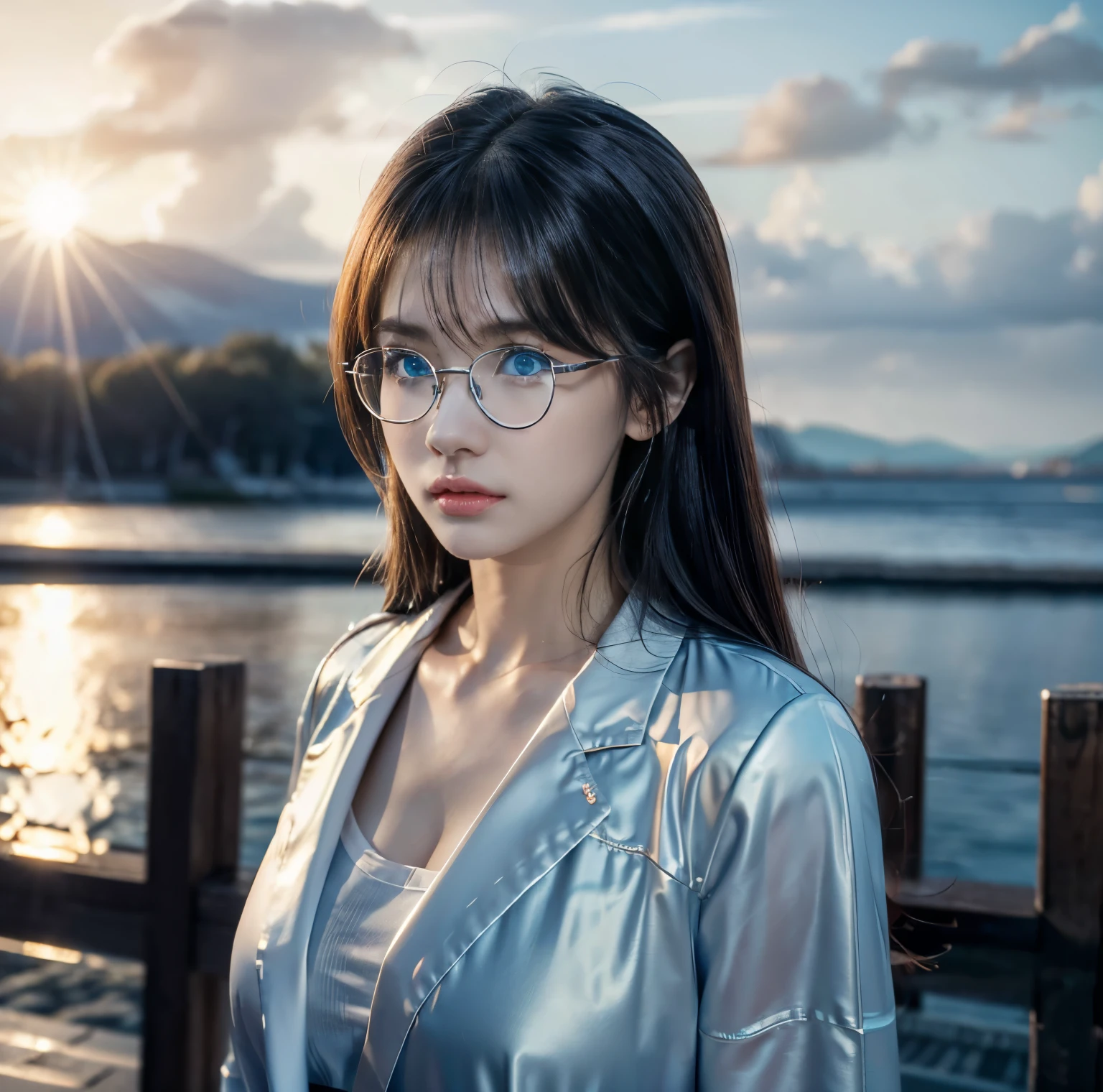 8K quality, pictures, Two beautiful men and beautiful women, Beautiful like a goddess, The backlight of the intense sunset is dazzling, Above chest, (A shirt with no exposure at all:1.2), (Fine silver glasses:1.2), (Brilliant, beautiful, bright blue eyes:1.2), (Beautiful hair blowing in the wind), (White Porcelain Whitening Skin), Half up with bangs, is very big, Photograph,