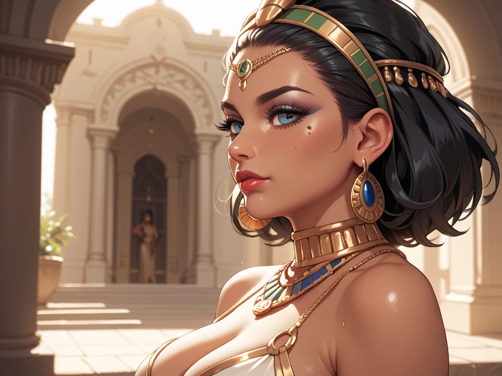 a very sexsual cleopatra playing in a lavish casino, opulent gold jewelry, dramatic eye makeup, sultry expression, elegant chiffon dress, dramatic lighting, rich color palette,concept art