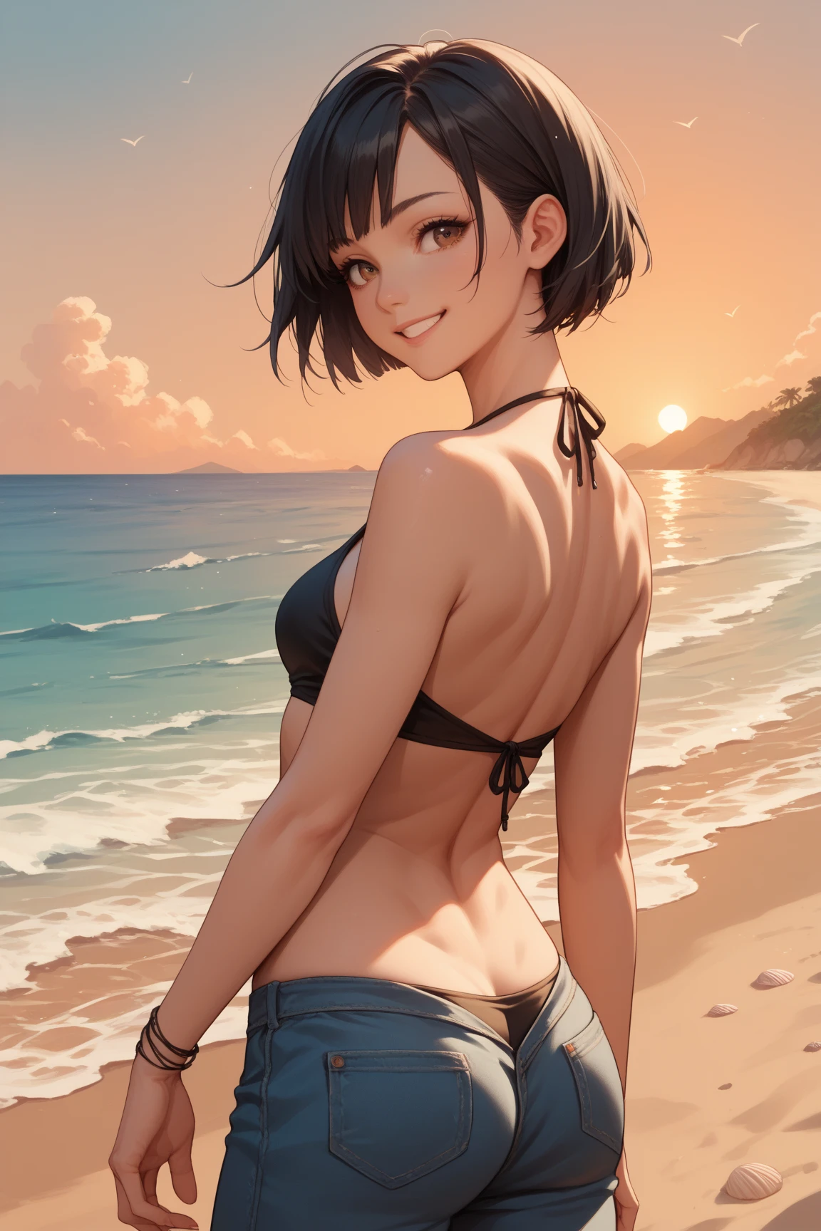 8K、master piece、highest quality、highest level、Highest image quality、muste piece、intricate details、high resolution、depth field、Natural light、professional lighting、(1 person)、solo、Anglo-Saxon girlish girl、(cute:1.2)、very beautiful cartoon girl、(high detail skin: 1.2)、Photorealistic anime girl rendering、Realistic anime 3D style、purple hair with details、bob cut、crossed bangs、asymmetrical bangs、stick out ears、eyelashes、intense red eyes、strong eye highlights、perfect anatomy、hands behind the back、very mysterious smile、Attractive、Body shiny with oil、((age girl))、wearing a detailed blue bikini、Cute swimsuit、sandbeach、beach side、Beach where you can see the sunset at 6pm、red sunset clouds、