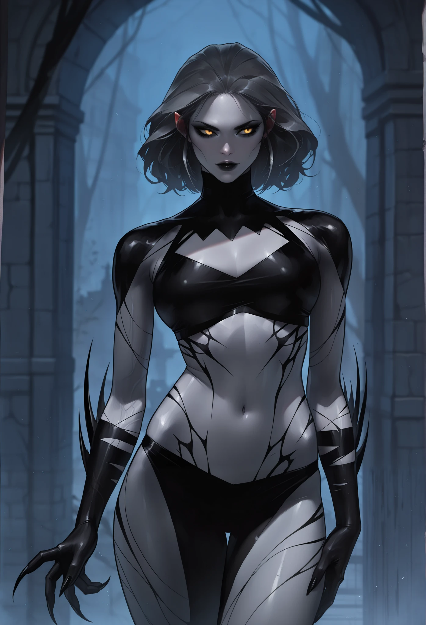 masterpiece, best quality, amazing quality, newest, very aesthetic, 1girl,A badass adult monster woman stands in the dim light of night, her body exuding raw power and elegance. Her skin, a deep shade of ashen gray, is laced with thick, pulsing veins that glow faintly beneath her surface. Her face is striking, with bold, dark makeup accentuating her sharp features—smoky eyes, dark lips, and intricate markings etched into her skin. One hand rests confidently on her hip, her body angled slightly to the side, exuding a confident, almost predatory grace. Her sharp, pointed ears and elongated claws add to her menacing beauty, making her an unforgettable figure of dominance in the shadows.