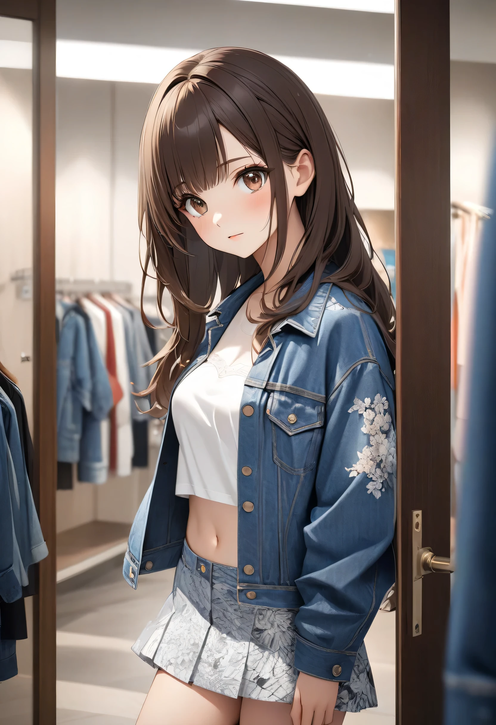 (Masterpiece, center, high resolution, UHD, perfect pixels, depth of field, 4k, RTX, hdr))), 1 girl, single, alone, skirt, beautiful anime girl , half body, Beautiful Art Style, anime character style hairstyle, ((serene expression, childish gaze, beautiful face), (long hair loose to the back rippling in the wind, bangs, dark brown hair)), (brown eyes: 1.4, not-so-rounded eyes , beautiful lashes,), (Detailed face, blush: 1.2), (smooth texture: 0.75, realistic texture: 0.65, photorealistic: 1.1, anime cg style), Medium breasts, foreground neckline, (standing modeling looking at the camera), (wears prewashed blue denim jacket, plank miniskirt the same color as the jacket, black navel-style blouse with silver prints), (in the background the door of a clothing fitting room in a department store)