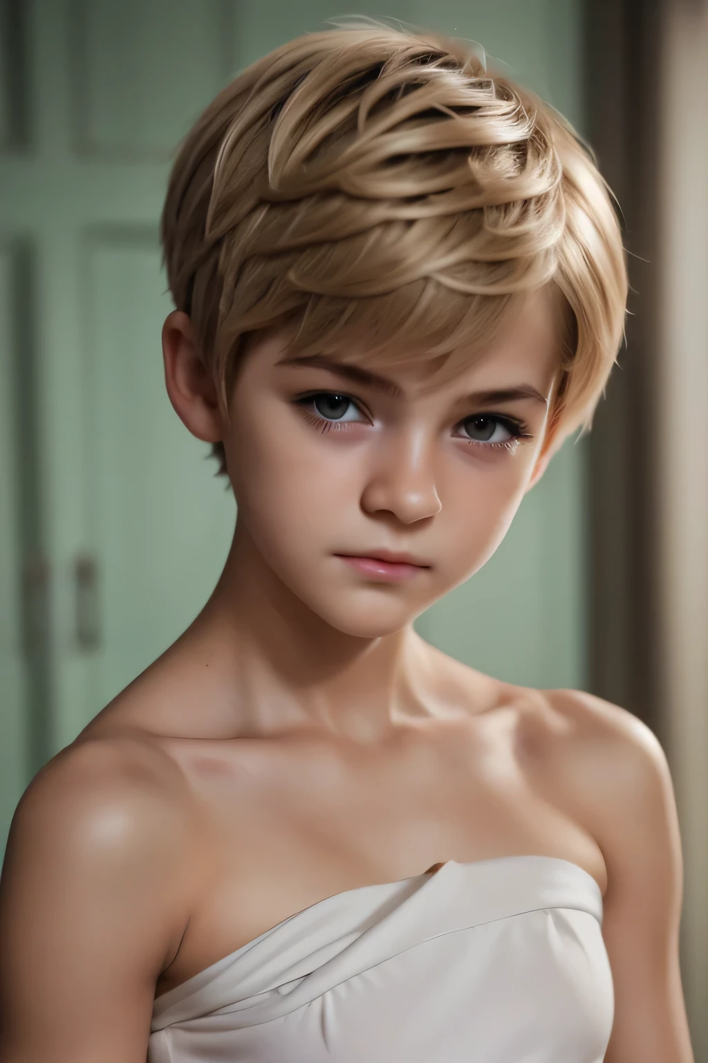 ((Femboy)), Shorthaircut Stylish, adorable, 1 femboy, (face to face), , ((baby face)), (cry sad face expression), half body portrait, (face details: 1), (eye details: 1), ((Tiny breasts:1.3)), Cute posed. proportional body. Ultra High Res. realistic: 1.4, UHD, (perfect white strapless)