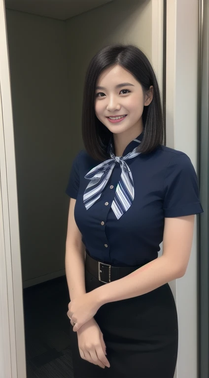  (8K, best quality, masterpiece:1.2), (realistic, photo-realistic:1.37), (high color saturation:1.0),  (highly detailed skin), (highest quality:1.0), (ultra high resolution:1.0) ,(realistic:1.0), (Super detailed:1.0), (8K, Raw photo:1.1)、standing random pose, smiling, natural breast, perfect lighting, 22years old, (mysterious), clear and detailed, ((japaniese_office_uniform, tight skirt, sexy_blouse, flight attendant_neck scarf)), (indoor office, escalator), surprised face, looking at back viewer, low angle photo,