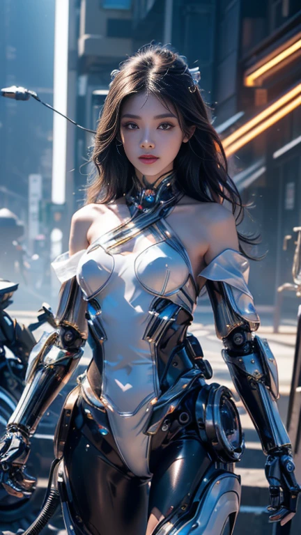 8k, ultra high definition, masterpiece:1.5, young girl, ((PERFECT ANATOMY)), (()), Good face, detailed eyes, very long hair,((gradient dark hair)), ((mechanical costume:1.5)), ((Glowing Costumes)), ((Machine Bolt )) ((White color)), ((belly button)), (( Neon Wire )), ((bare shoulder)), On the roof, (( tyndall effect )), ((ray tracing)), ((bloom)),