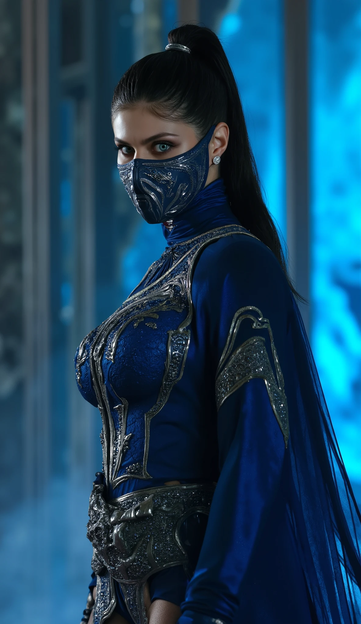 Here's a prompt detailed to generate a super realistic image of Alexandra Daddario as Kitana, with a shiny metal mask and details blue, focused on the upper body: "Hyper-realistic Close-up of Alexandra Daddario as Kitana, the warrior of * mortal kombat*. She is in a graceful and powerful pose, with a calm expression , But determined. Kitana wears her iconic blue and shiny silver costume, with metallic details that reflect light in an impressive way. Her metal mask, that covers part of the face , is highly detailed , with brilliant blue tones and intricate patterns that match your outfit. The focus is on the face and upper body, highlighting the skin texture , the metallic reflections of the mask and the details of the suit. The lighting is soft and dramatic , with bluish tones and delicate contrasts between light and shade, creating a cinematic effect . The background is a realistic and epic scenario, with cold lights, soft mist and elements of an oriental palace, like marble columns and flowing fabrics, adding a sublime and enveloping atmosphere." This prompt should guarantee an incredibly realistic and detailed image, focused on the upper body da Alexandra Daddario como Kitana, with a shiny metal mask and details blue, against a striking background!